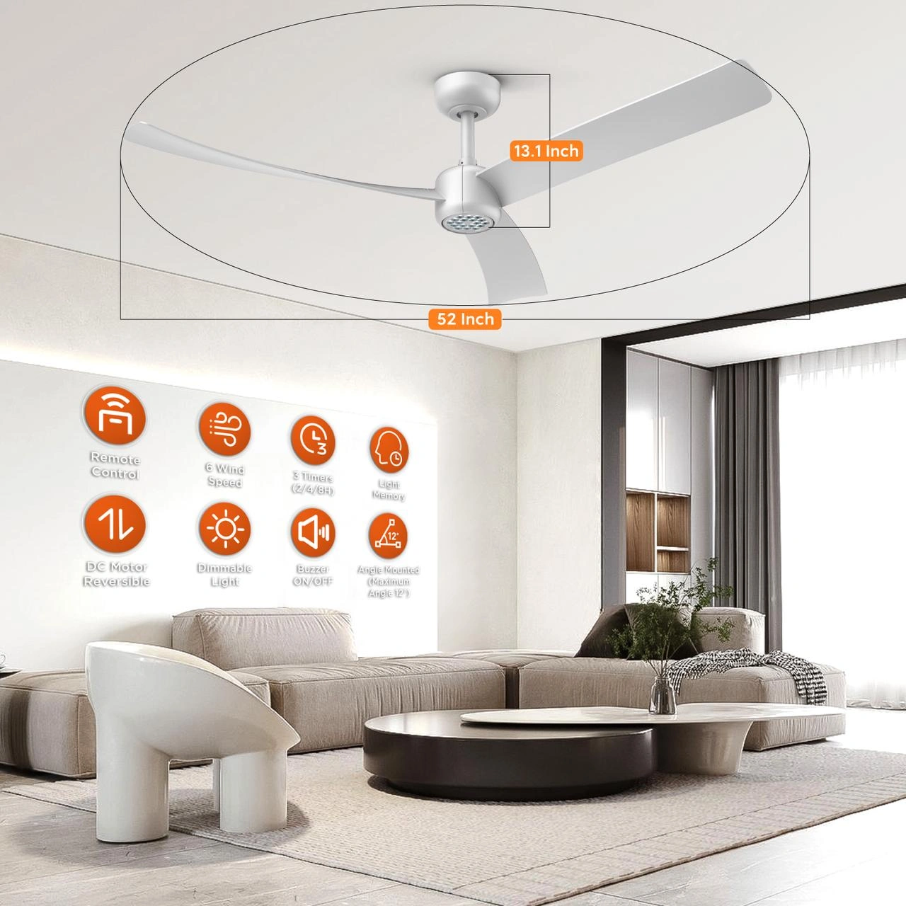 52 Inch Ceiling Fans with Lights Led Remote Control Low Profile Flush Mount for Living Room Bedroom Outdoor Patio,DC Motor,Reversible,Dimmable,Buzzer ON/Off, 3D-I3[Unable ship on weekends, TK/TEMU only for pickup, only TX10643 warehouse supports GOFO view 6