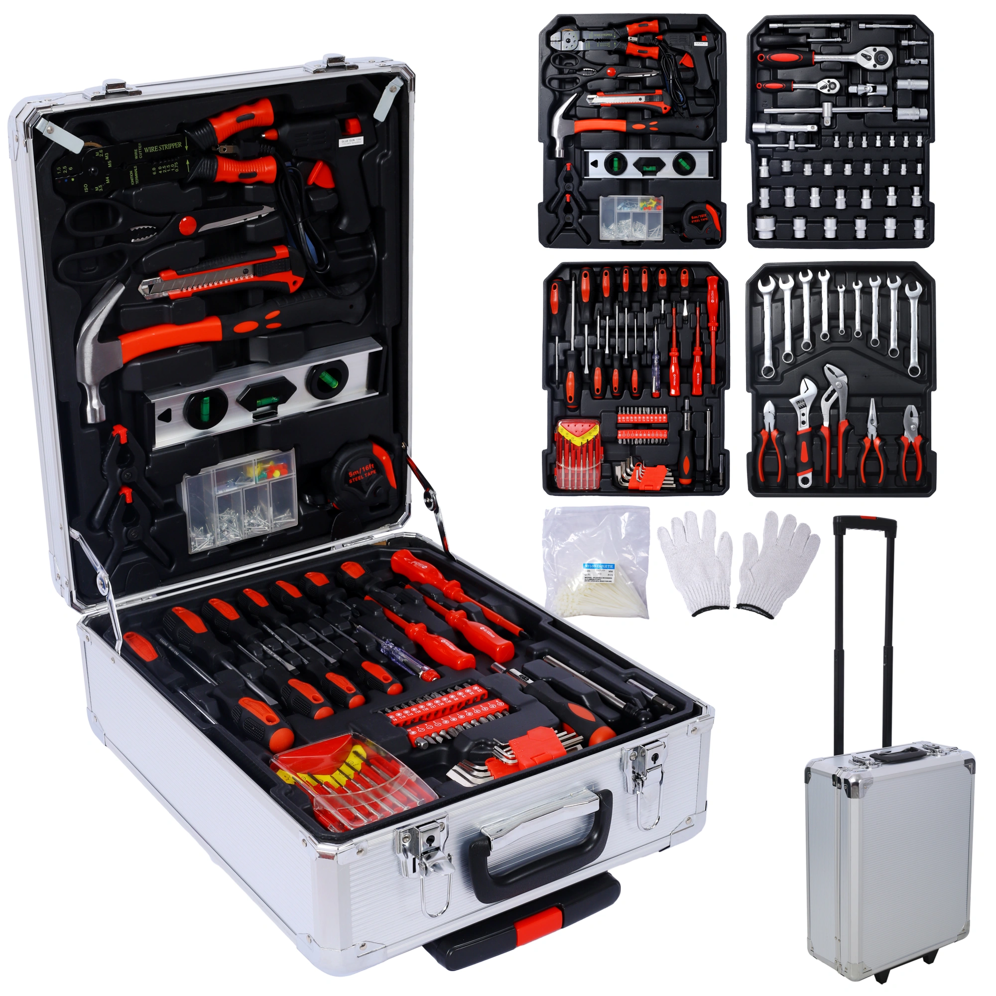 899pc Rolling Tool Set Kit, 4-Drawer Toolbox Storage Case, Home Repair Hand Tools for Garden Maintenance, Household Handyman Set, Silver