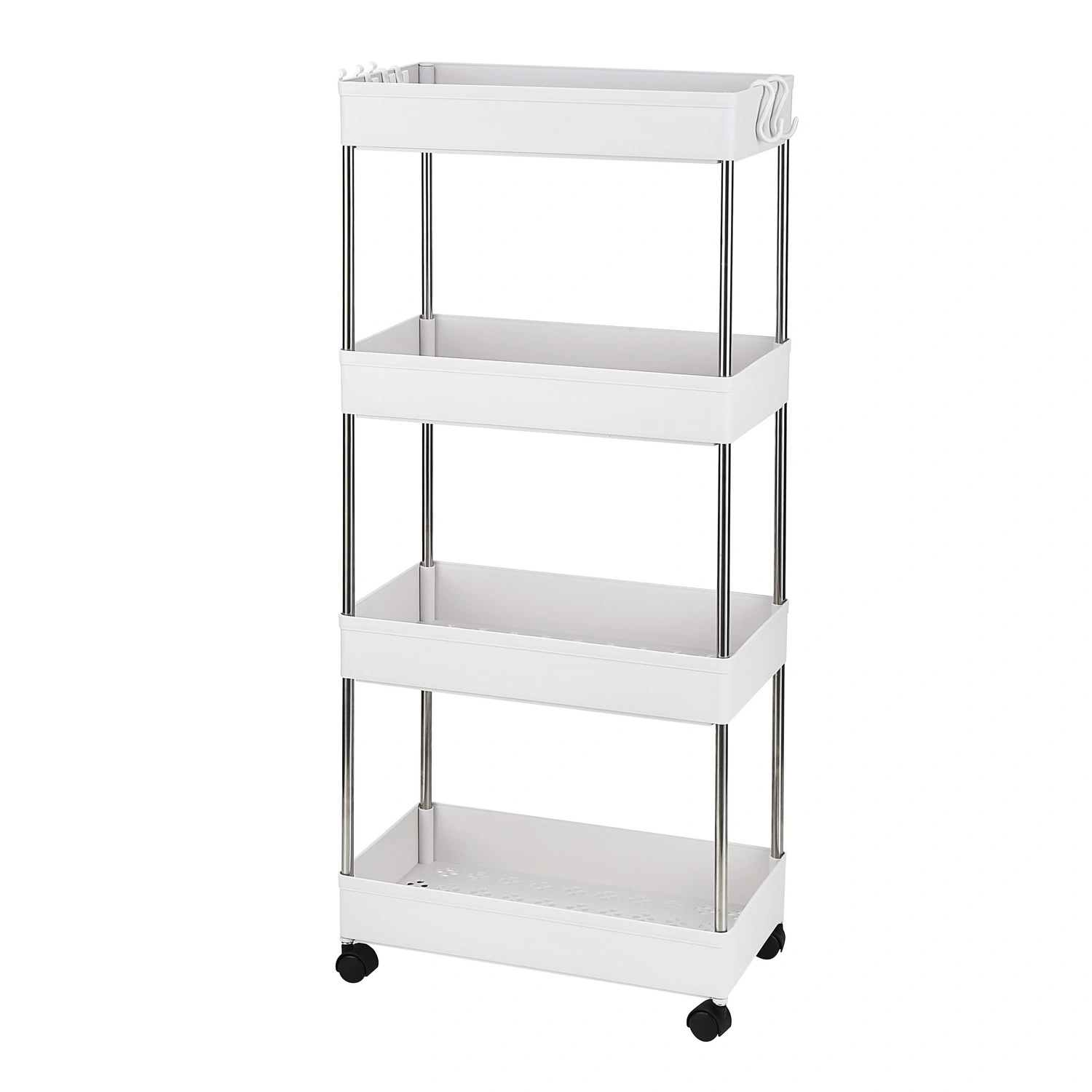 4-Layer Mobile Multi-functional Storage Cart,Suitable for Kitchen, Bathroom, Laundry Room Narrow Place, Plastic and Stainless Steel, White