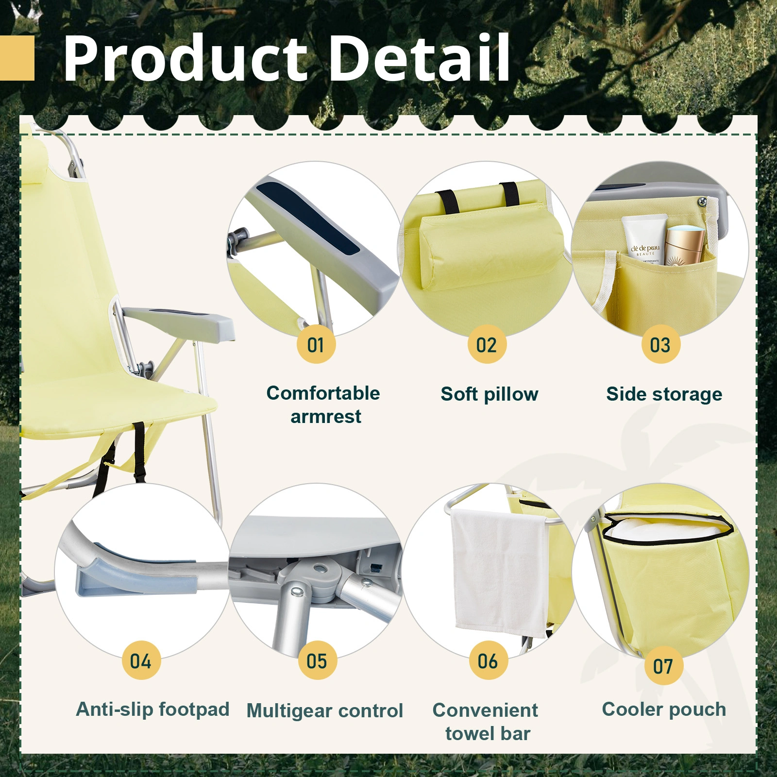 63*70*99cm Heightened Oxford Cloth Silver White Aluminum Tube Bearing 100kg Beach Chair Yellow view 3