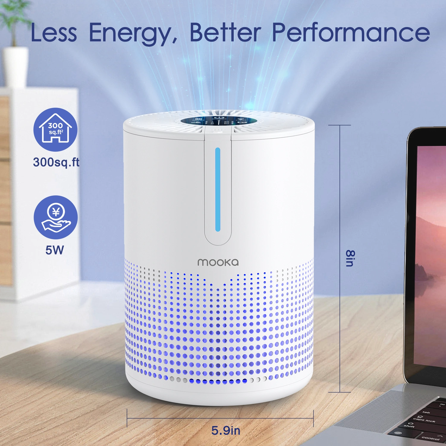 MOOKA Air Purifier with HEPA Filter, 300 Sq Ft Coverage, Removes Odor Dust Mold Pollen Allergens Smoke for Home Bedroom Office view 6