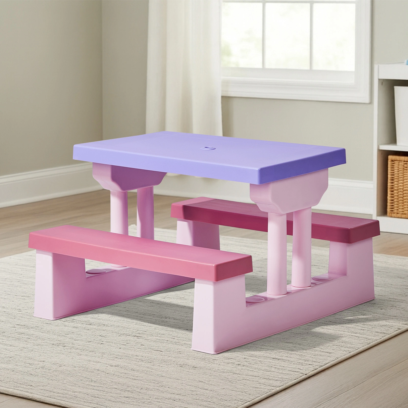 Kids Outdoor Table and Chair Sets with Removable Umbrella, Kids Picnic Table for Backyard Garden Patio, Pink & Purple view 2