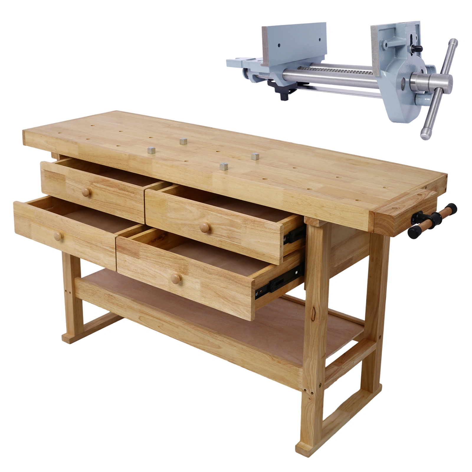 60 Inch Workbench with 4 Drawers, Wooden Workstation for Garage & Workshop, Heavy Duty Cast Iron Vise 7" Jaw, Gray