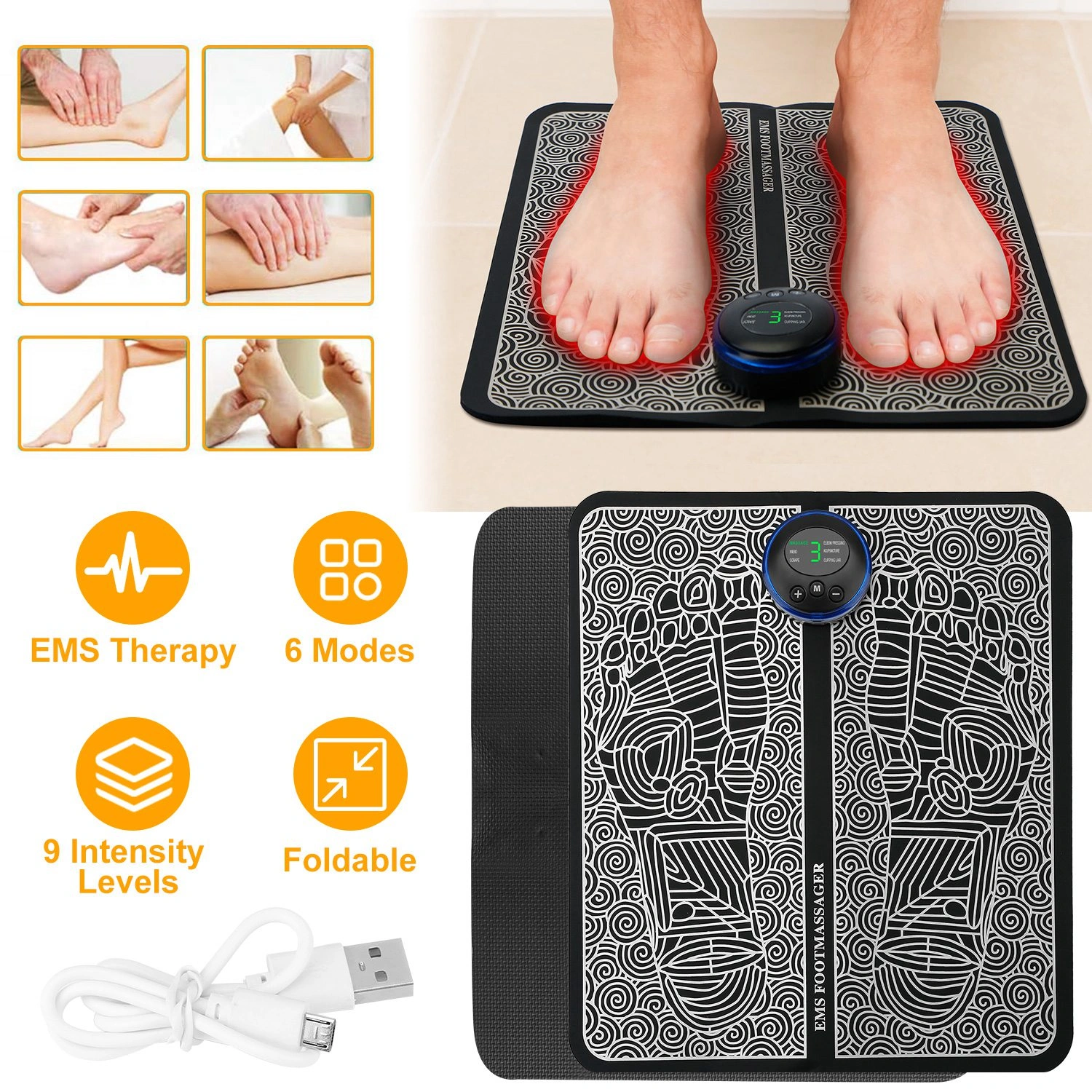 EMS Foot Massage Pad Electric Stimulator Rechargeable Muscle Pain Relief Massage Mat 6 Modes 9 Intensity Levels Leg Reshaping