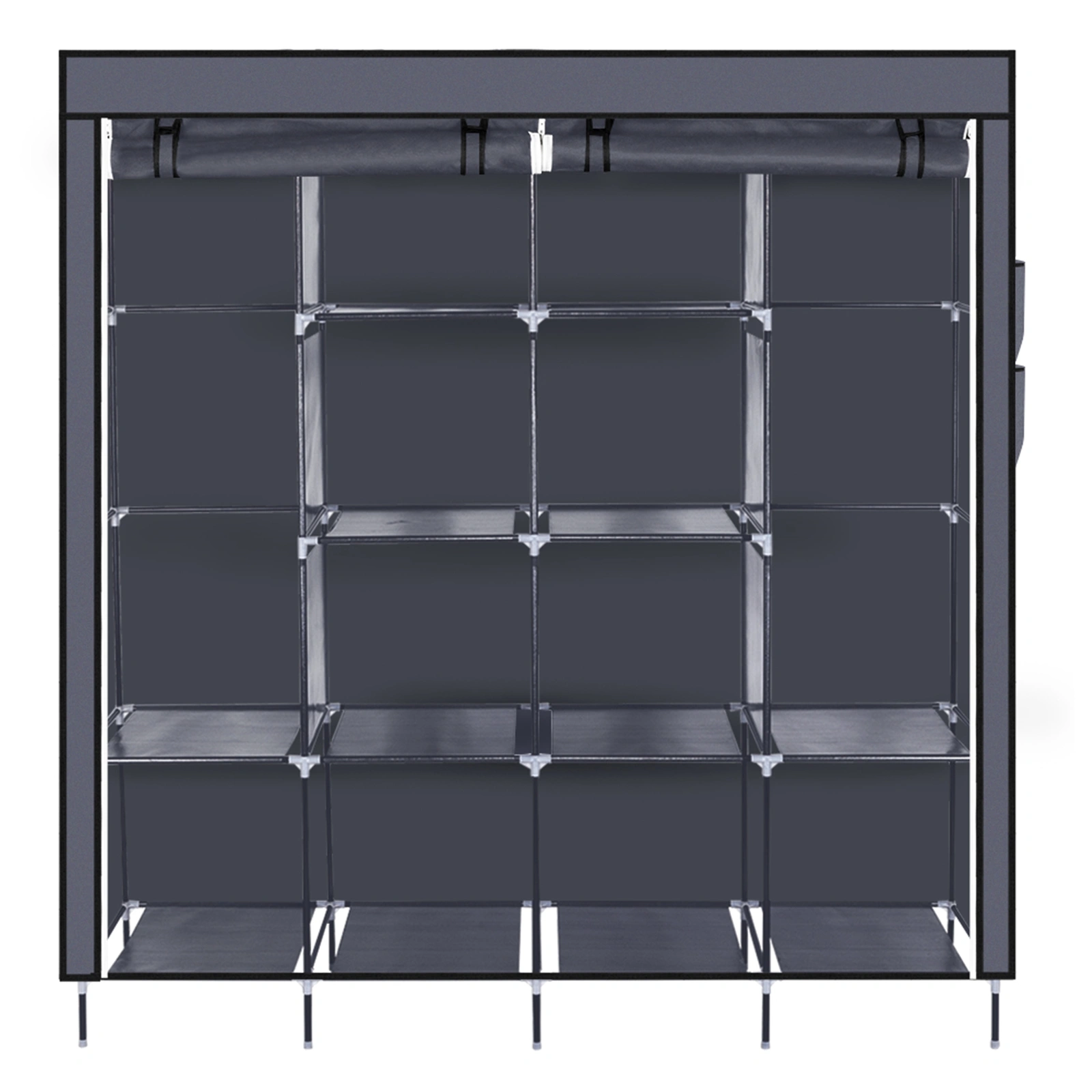 67" Portable Clothes Closet Wardrobe Storage Rack with 12 Shelves & 4 Side Pockets, Gray view 10