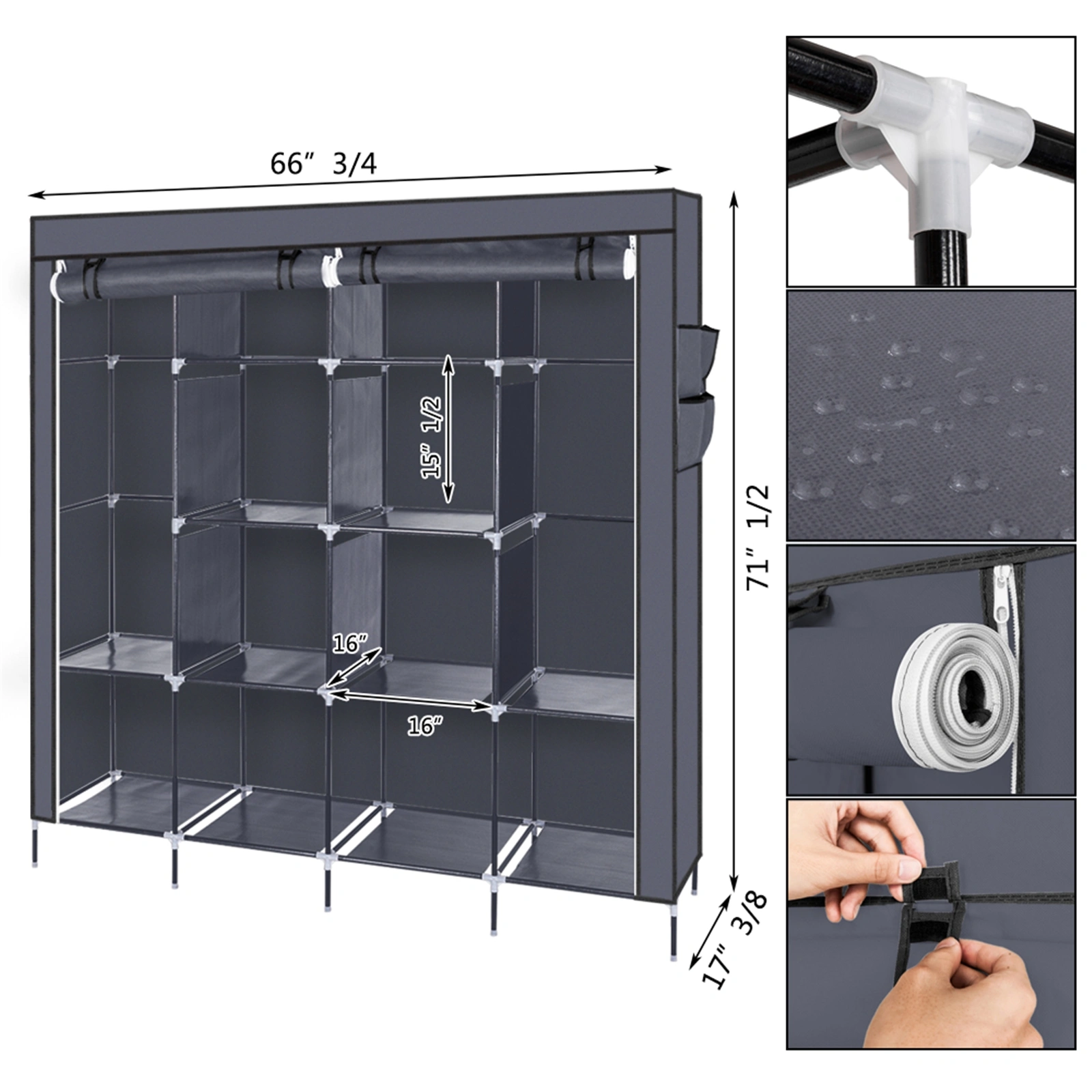 67" Portable Clothes Closet Wardrobe Storage Rack with 12 Shelves & 4 Side Pockets, Gray view 12