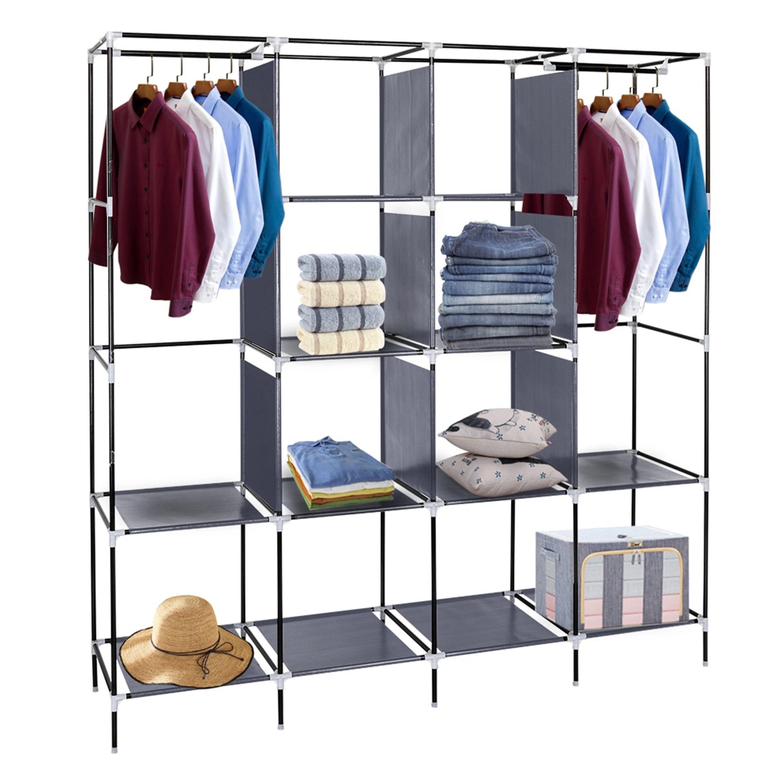 67" Portable Clothes Closet Wardrobe Storage Rack with 12 Shelves & 4 Side Pockets, Gray view 13