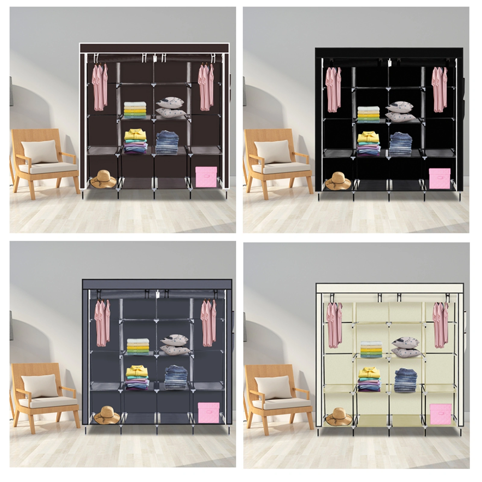 67" Portable Clothes Closet Wardrobe Storage Rack with 12 Shelves & 4 Side Pockets, Gray view 15