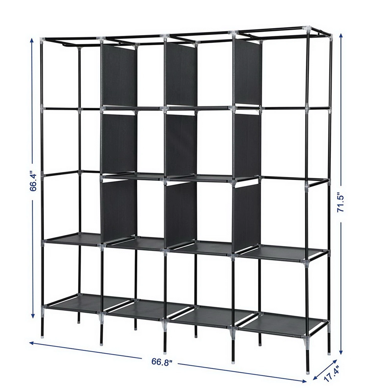 67" Portable Clothes Closet Wardrobe Storage Rack with 12 Shelves & 4 Side Pockets, Gray view 2