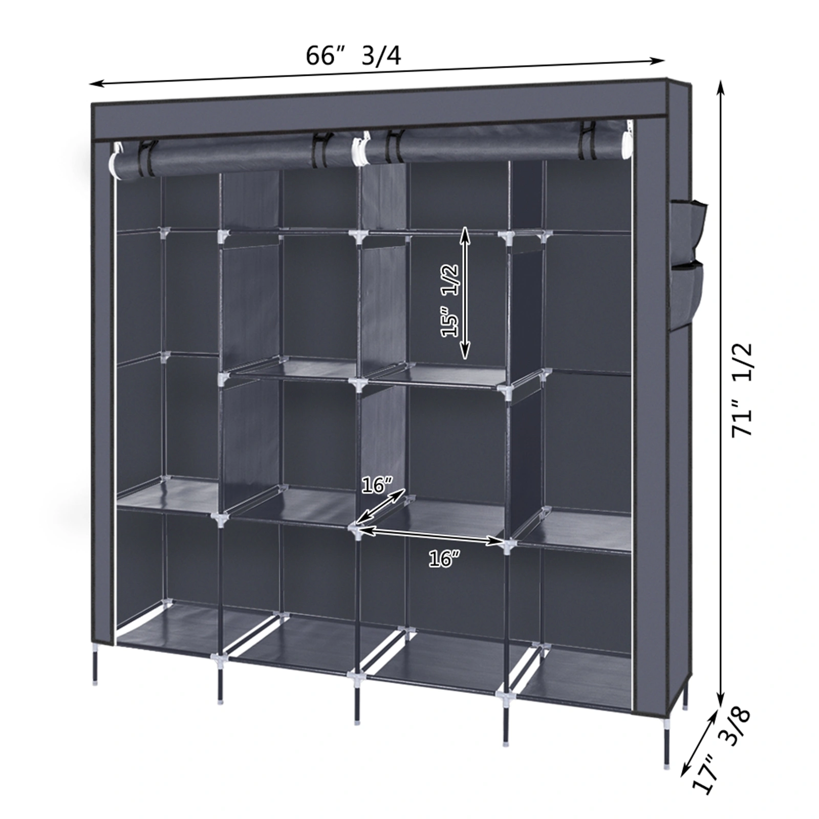 67" Portable Clothes Closet Wardrobe Storage Rack with 12 Shelves & 4 Side Pockets, Gray view 21