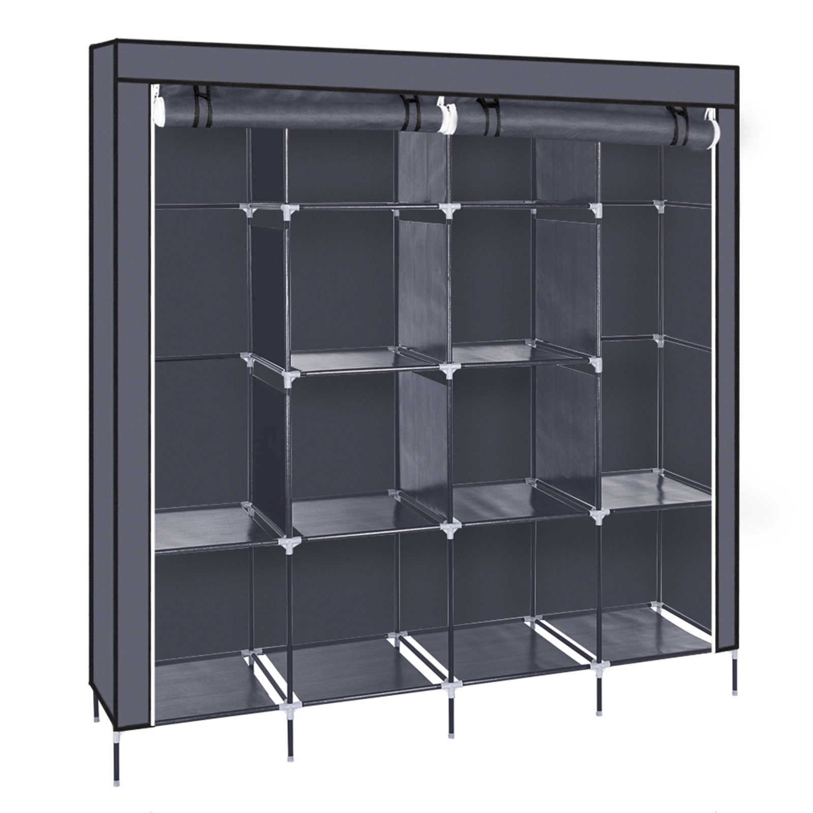 67" Portable Clothes Closet Wardrobe Storage Rack with 12 Shelves & 4 Side Pockets, Gray view 23