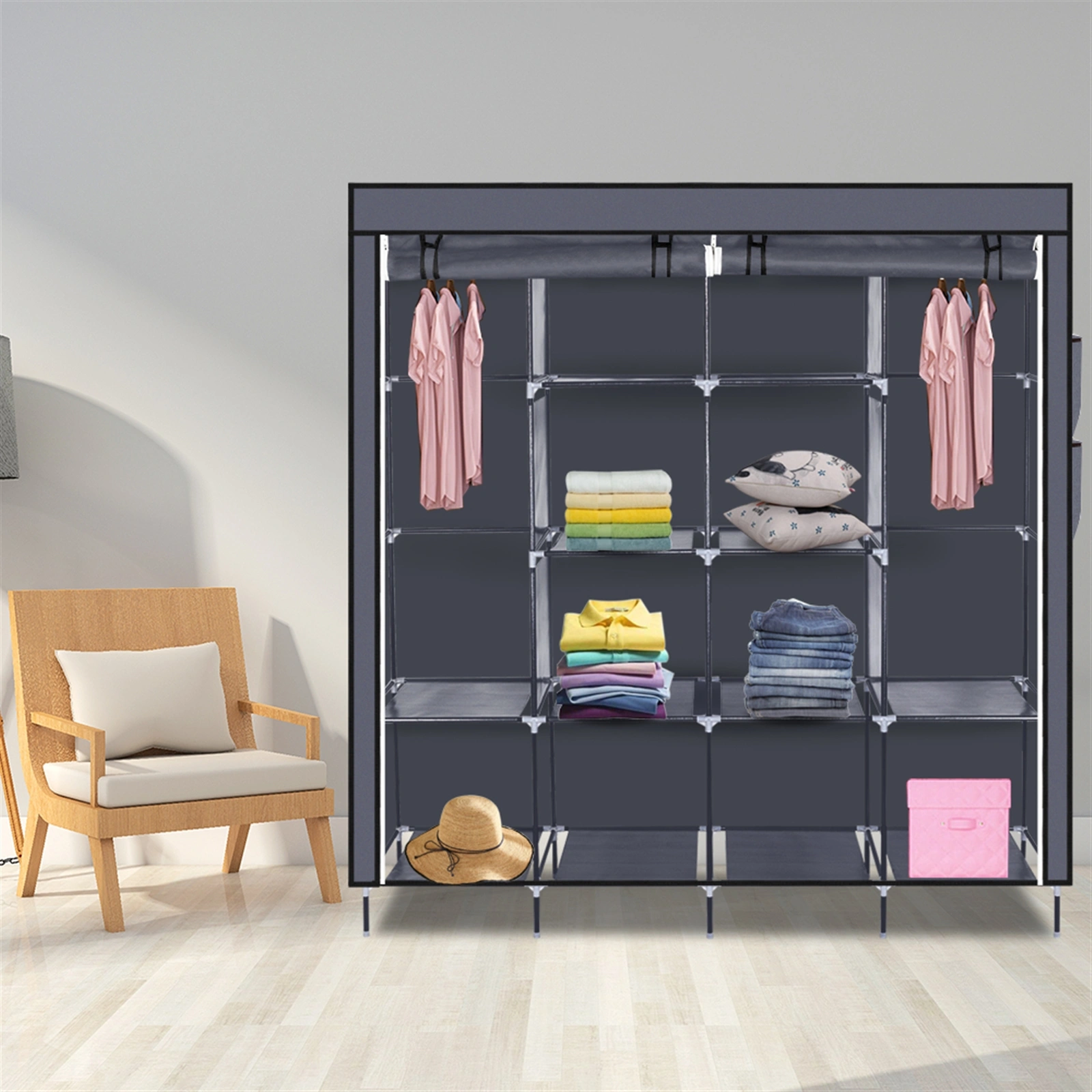 67" Portable Clothes Closet Wardrobe Storage Rack with 12 Shelves & 4 Side Pockets, Gray view 25