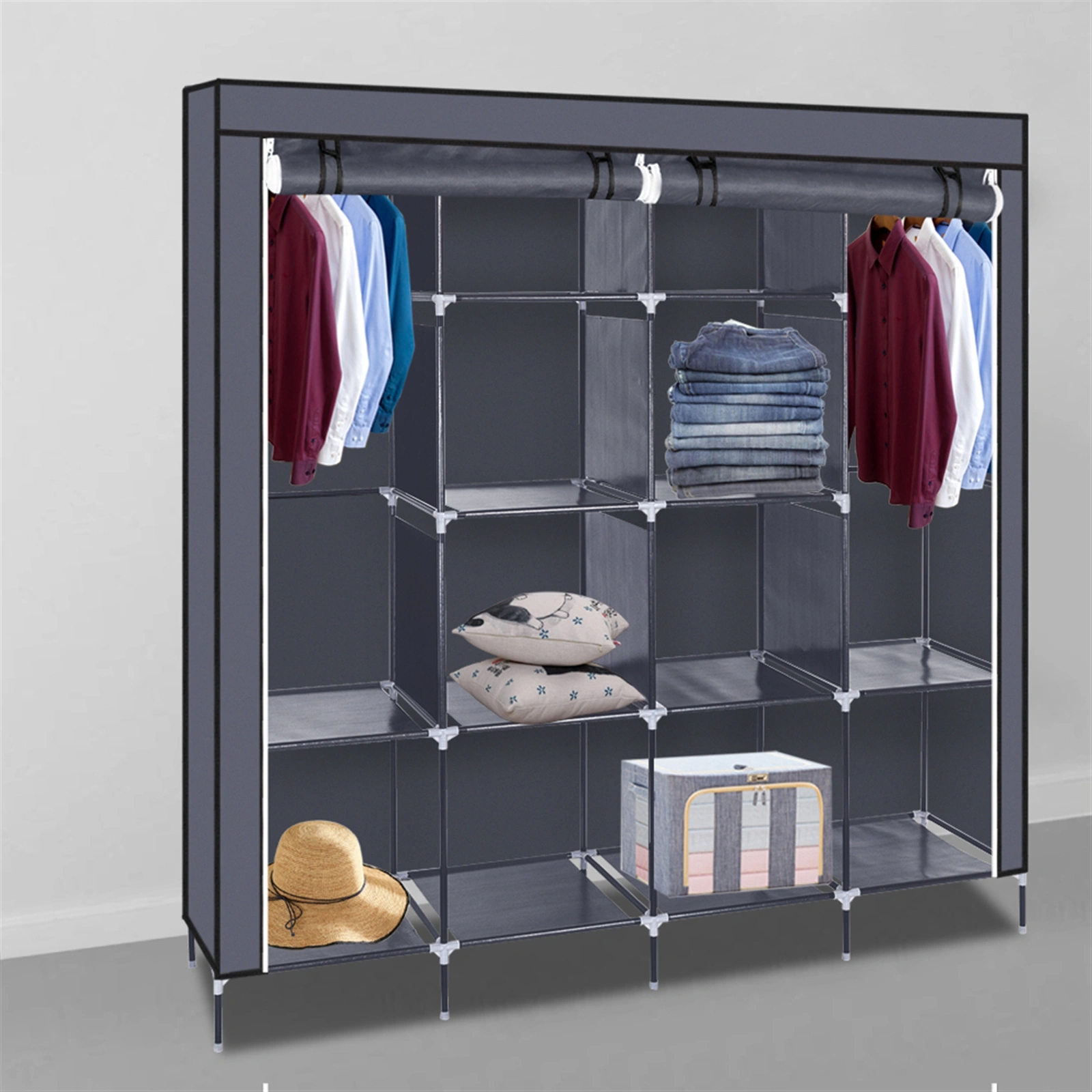 67" Portable Clothes Closet Wardrobe Storage Rack with 12 Shelves & 4 Side Pockets, Gray view 26