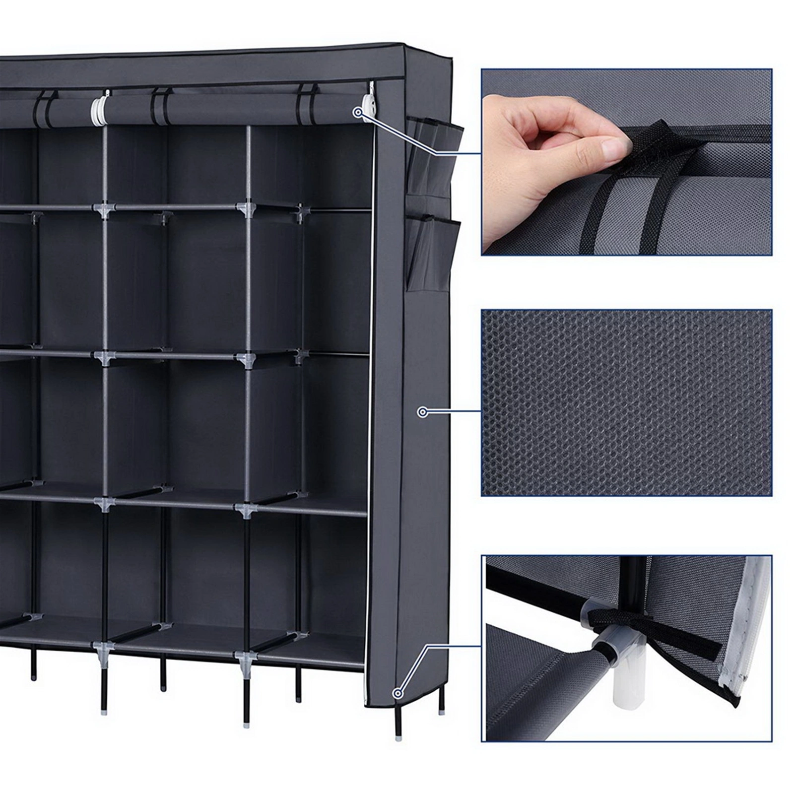 67" Portable Clothes Closet Wardrobe Storage Rack with 12 Shelves & 4 Side Pockets, Gray view 3