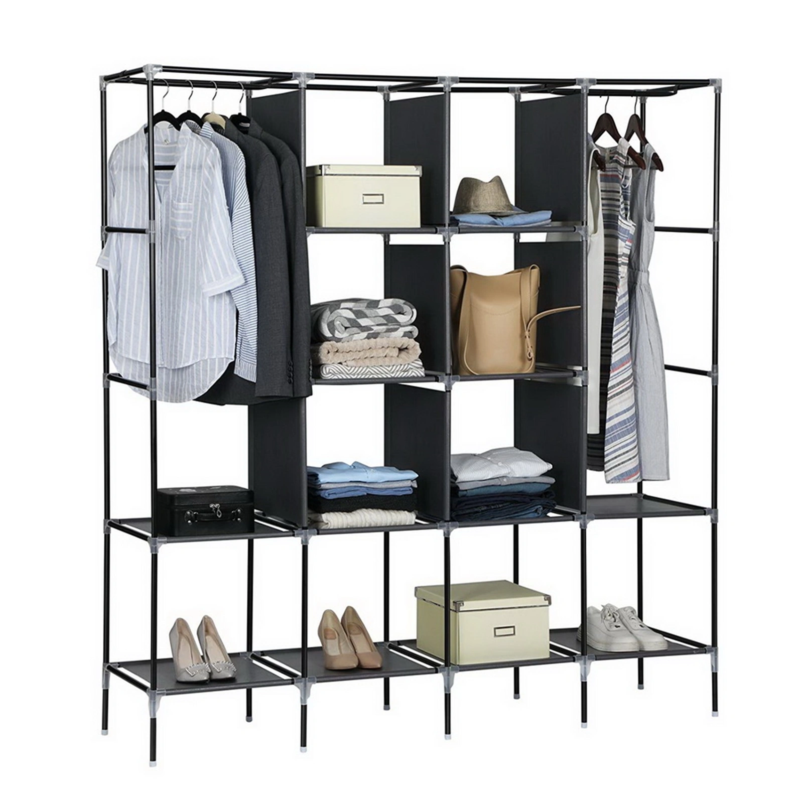67" Portable Clothes Closet Wardrobe Storage Rack with 12 Shelves & 4 Side Pockets, Gray view 4