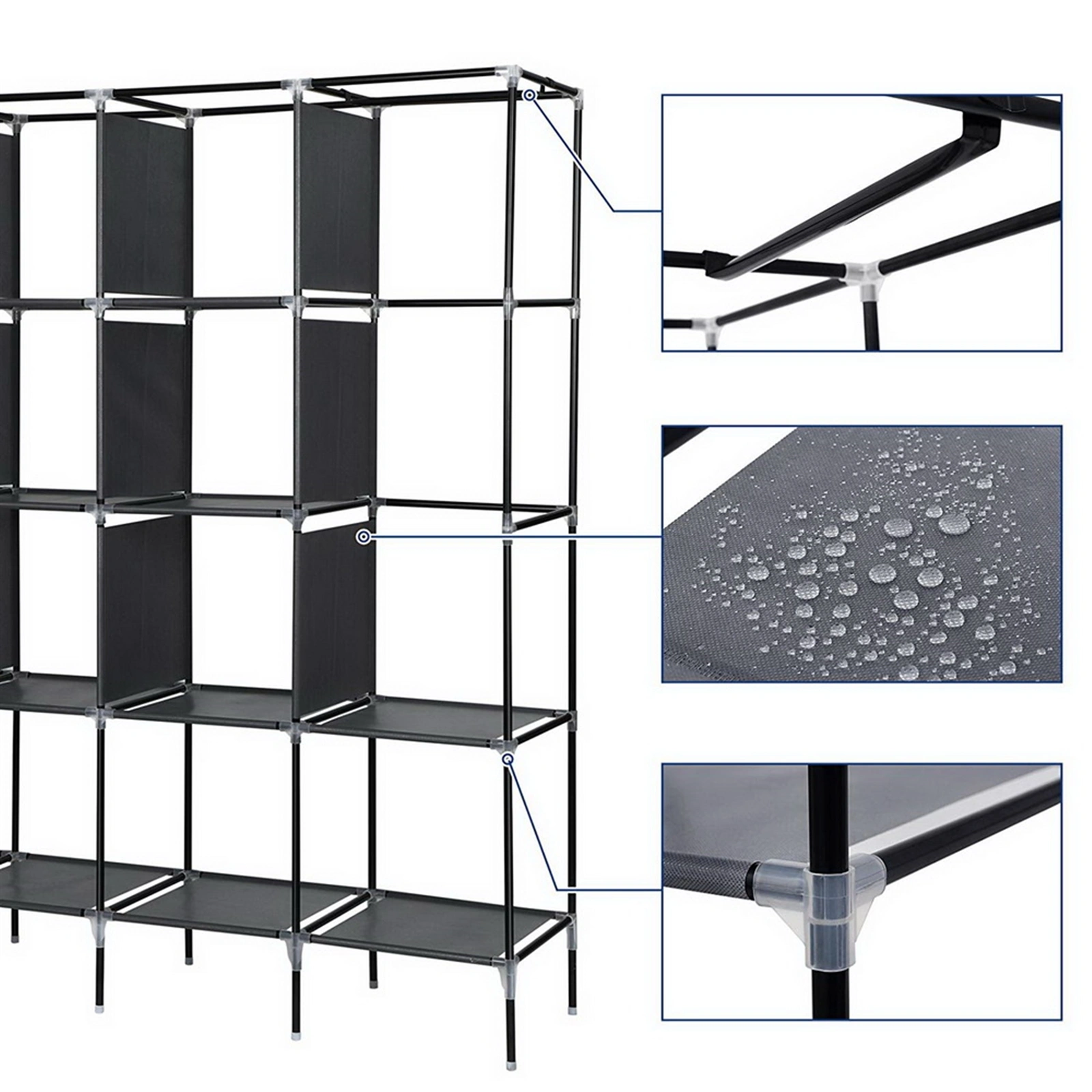 67" Portable Clothes Closet Wardrobe Storage Rack with 12 Shelves & 4 Side Pockets, Gray view 5