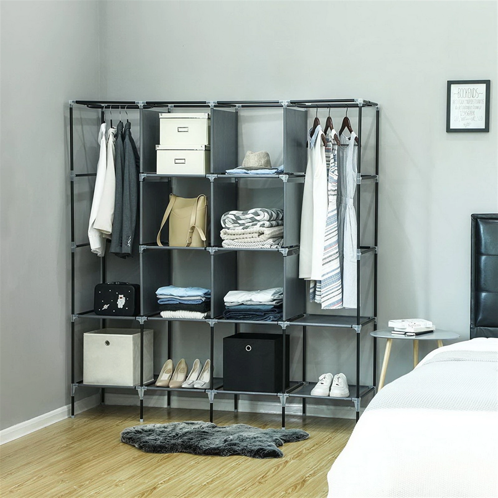 67" Portable Clothes Closet Wardrobe Storage Rack with 12 Shelves & 4 Side Pockets, Gray view 6