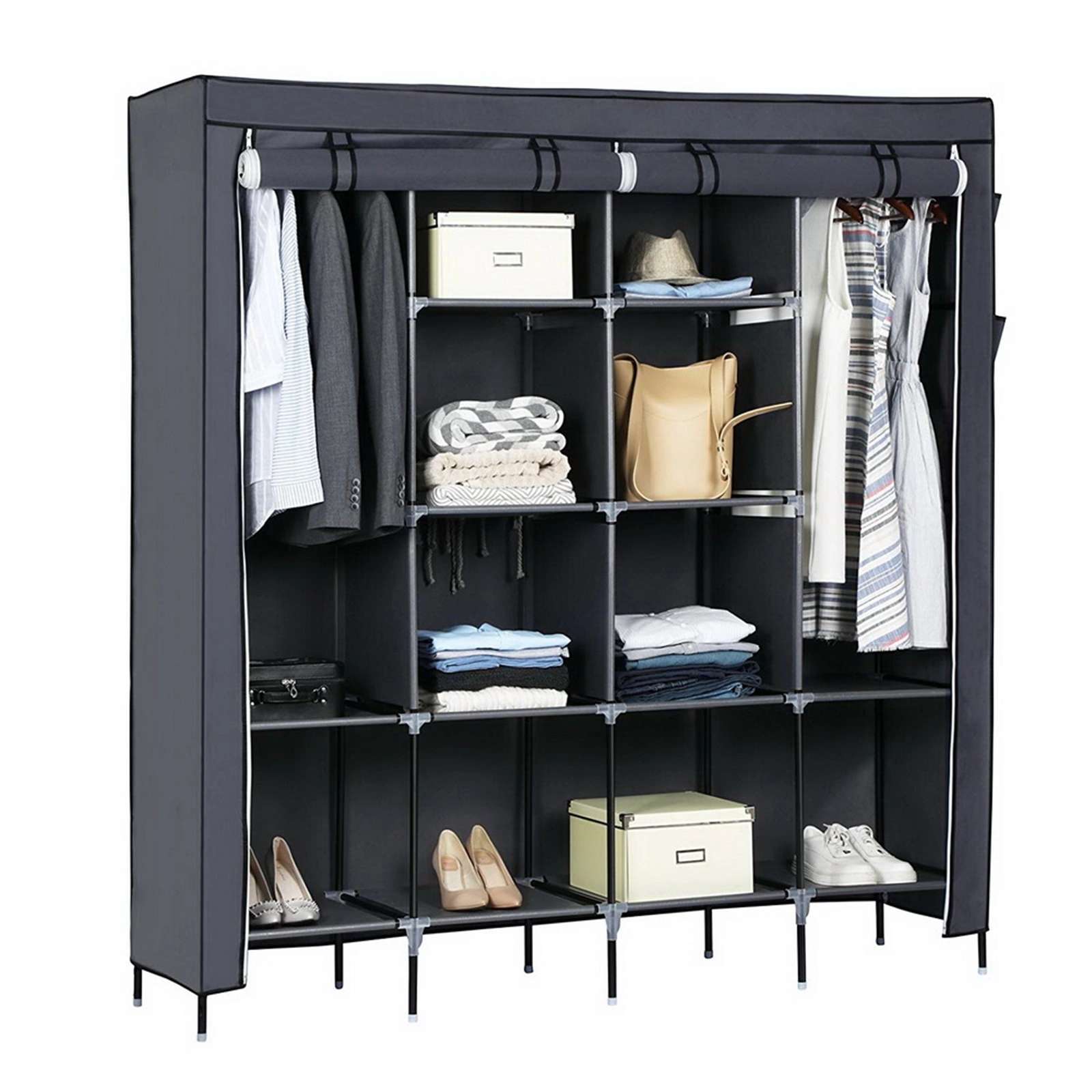 67" Portable Clothes Closet Wardrobe Storage Rack with 12 Shelves & 4 Side Pockets, Gray view 7