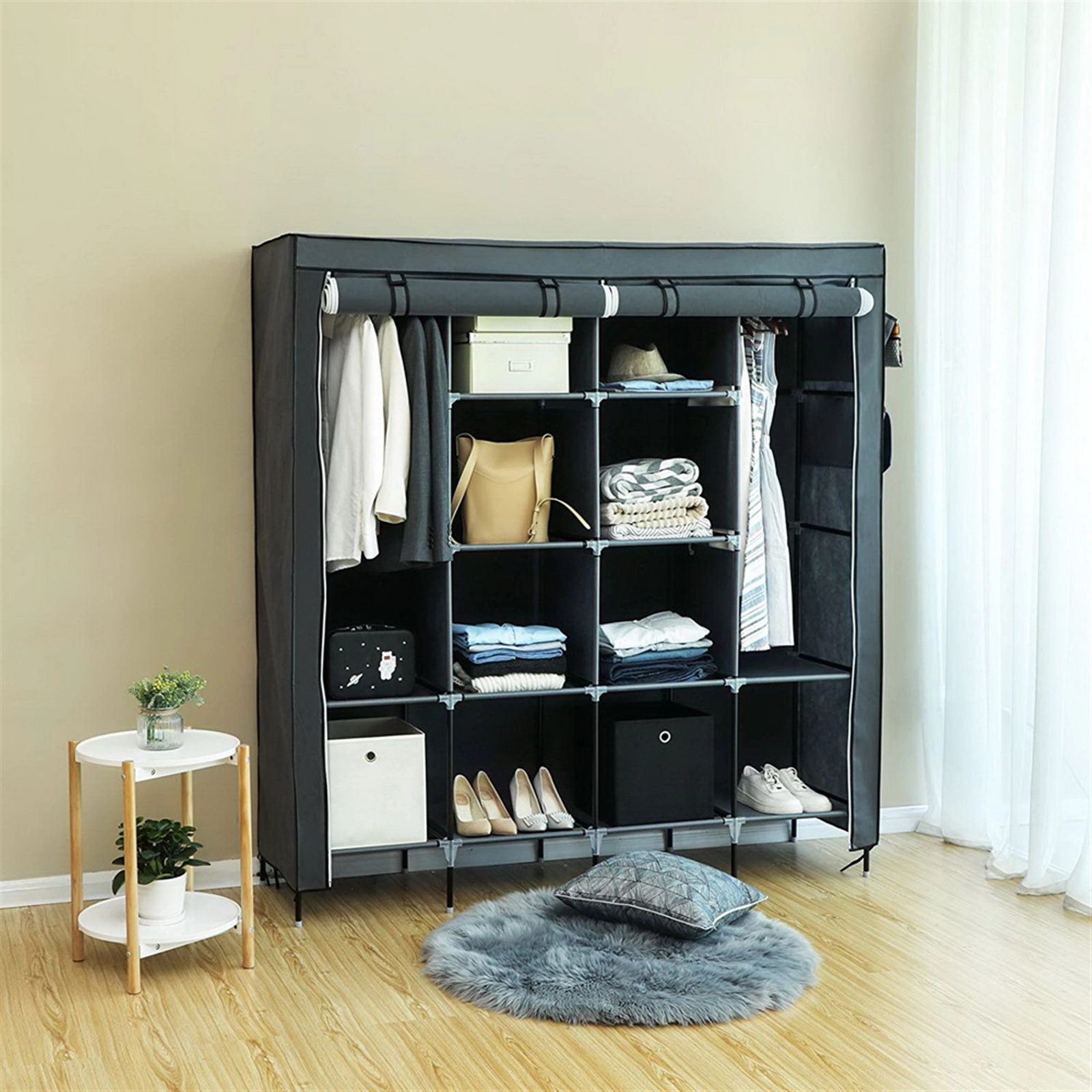 67" Portable Clothes Closet Wardrobe Storage Rack with 12 Shelves & 4 Side Pockets, Gray view 8
