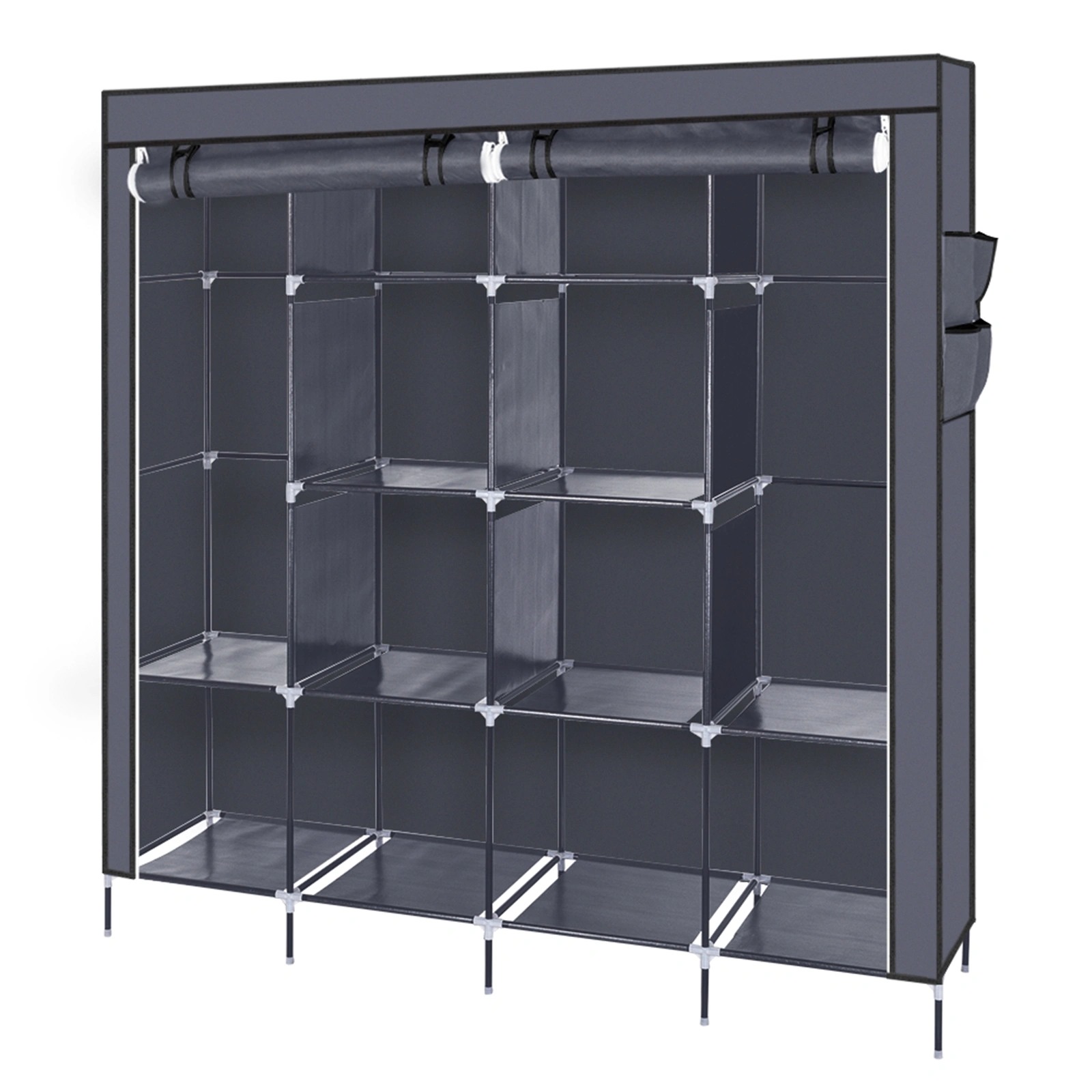 67" Portable Clothes Closet Wardrobe Storage Rack with 12 Shelves & 4 Side Pockets, Gray view 9