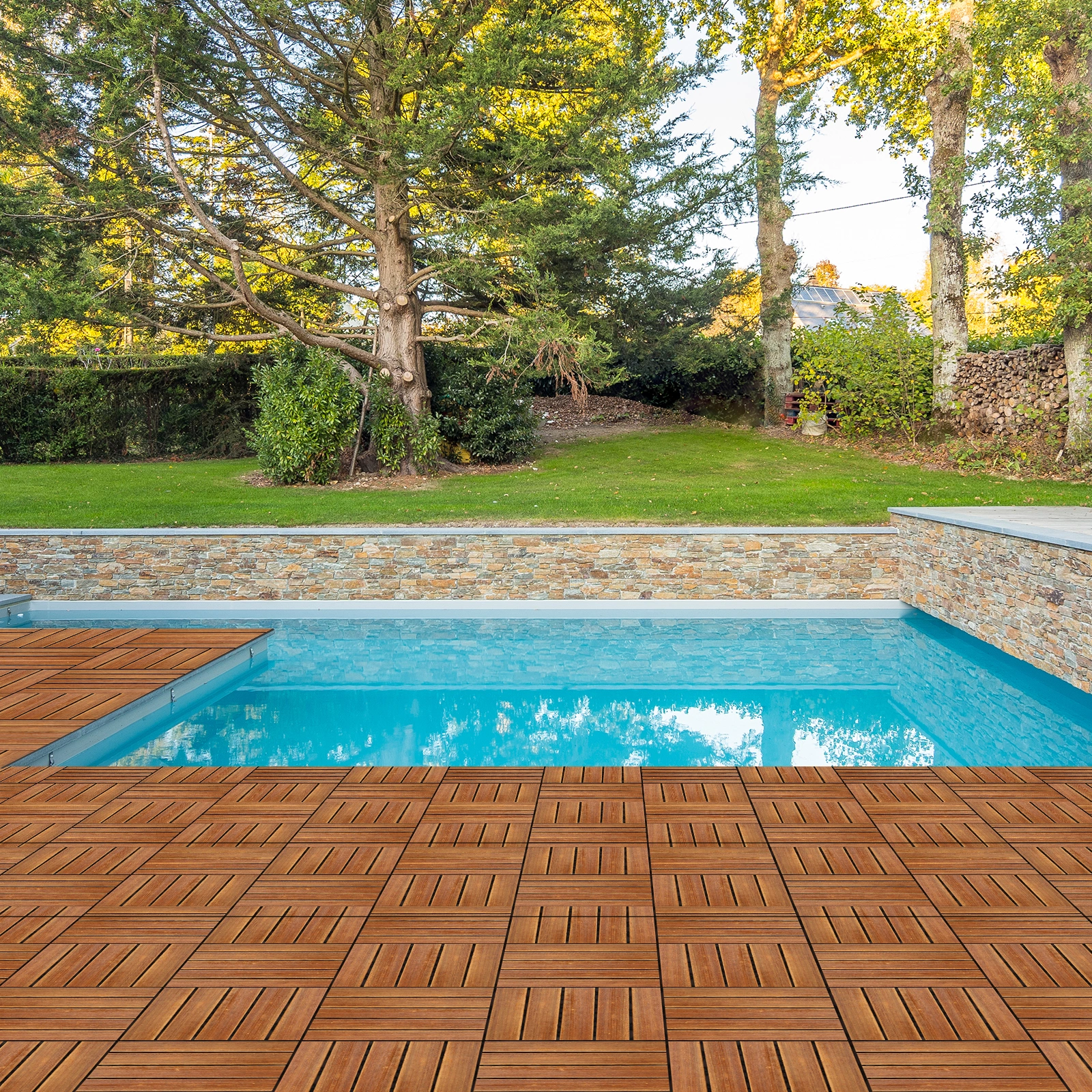 27pcs Wood Interlocking Deck Tiles 11.8"x11.8", Waterproof Flooring Tiles for Indoor and Outdoor, Patio Wood Flooring for Patio Porch Poolside Balcony Backyard, Stripe Pattern view 10