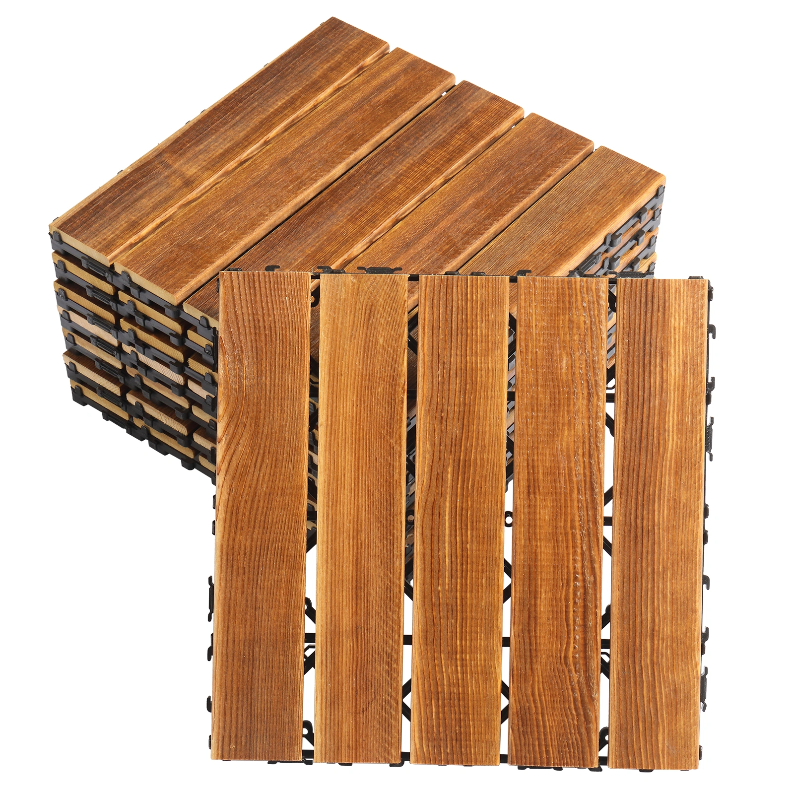 27pcs Wood Interlocking Deck Tiles 11.8"x11.8", Waterproof Flooring Tiles for Indoor and Outdoor, Patio Wood Flooring for Patio Porch Poolside Balcony Backyard, Stripe Pattern view 3