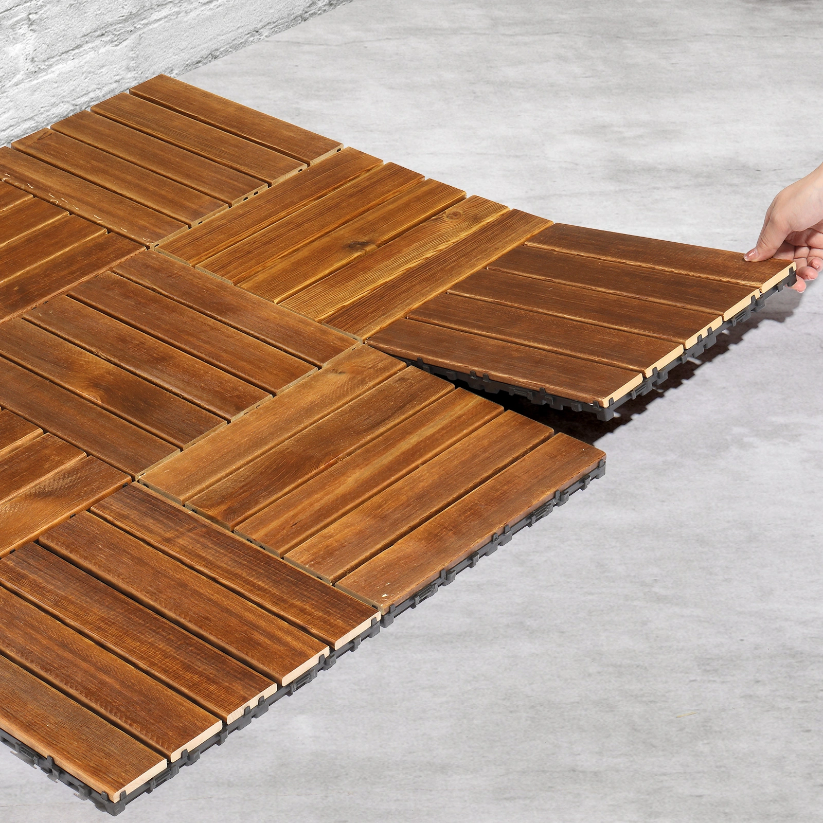 27pcs Wood Interlocking Deck Tiles 11.8"x11.8", Waterproof Flooring Tiles for Indoor and Outdoor, Patio Wood Flooring for Patio Porch Poolside Balcony Backyard, Stripe Pattern view 4