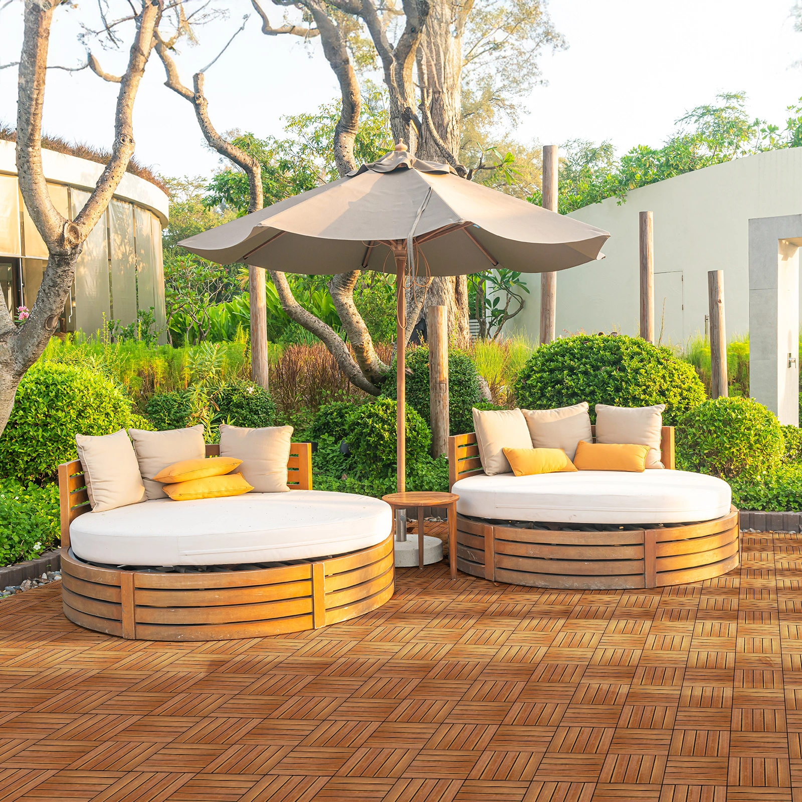 27pcs Wood Interlocking Deck Tiles 11.8"x11.8", Waterproof Flooring Tiles for Indoor and Outdoor, Patio Wood Flooring for Patio Porch Poolside Balcony Backyard, Stripe Pattern view 7