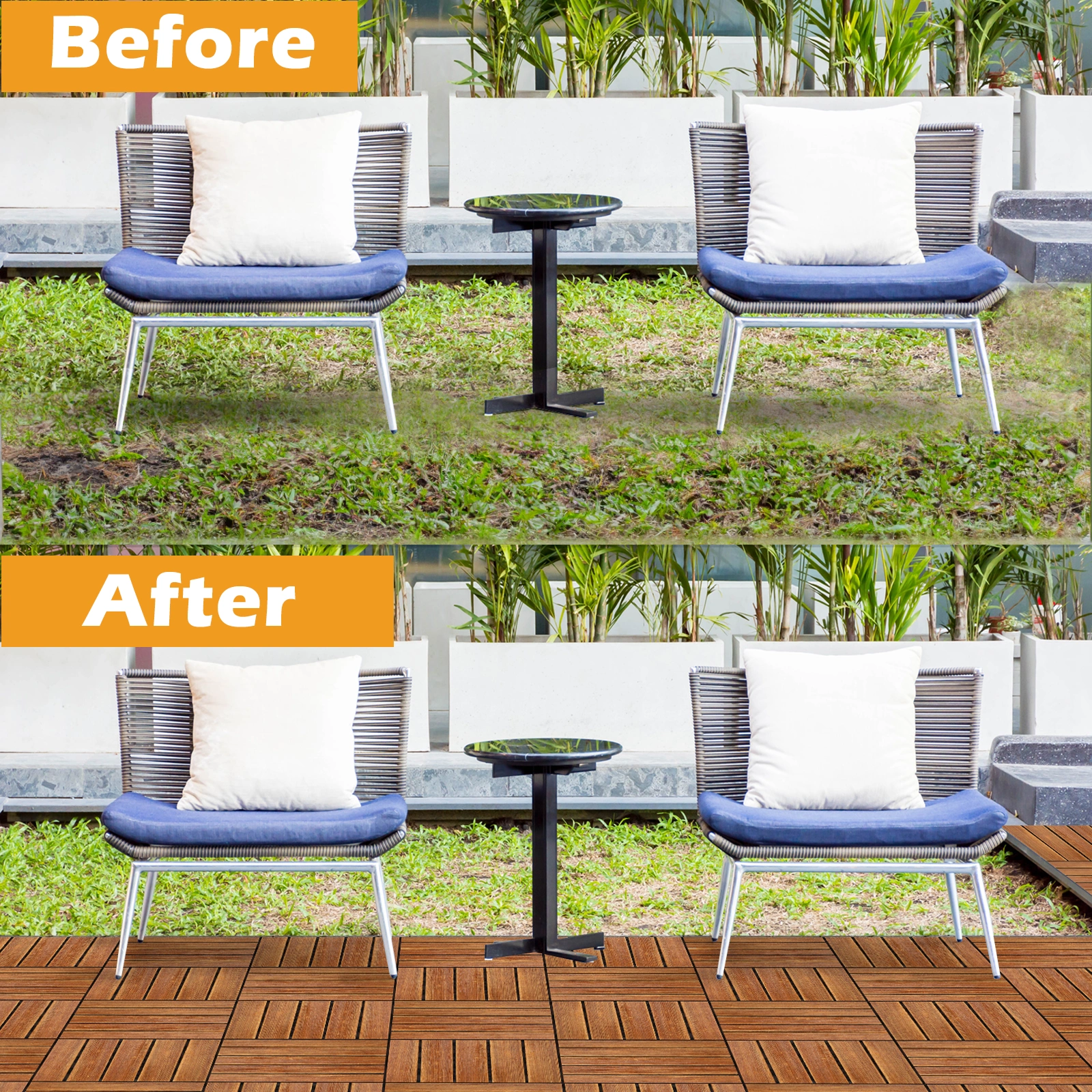 27pcs Wood Interlocking Deck Tiles 11.8"x11.8", Waterproof Flooring Tiles for Indoor and Outdoor, Patio Wood Flooring for Patio Porch Poolside Balcony Backyard, Stripe Pattern view 9