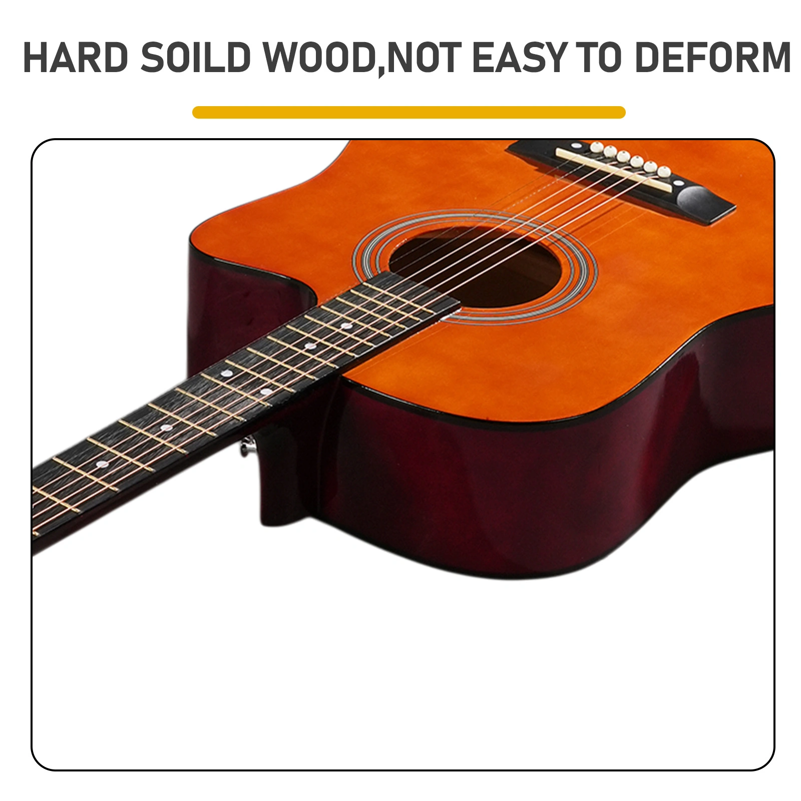 Brown 41-inch Dreadnought barrel-shaped cutaway acoustic guitar with pick, strings, capo, gig bag, tuner, wrench tool, and shoulder strap view 7