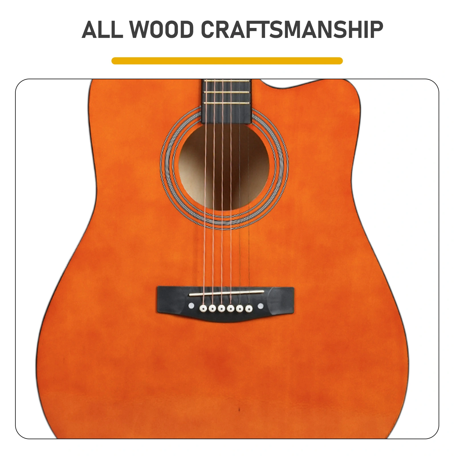 Brown 41-inch Dreadnought barrel-shaped cutaway acoustic guitar with pick, strings, capo, gig bag, tuner, wrench tool, and shoulder strap view 8