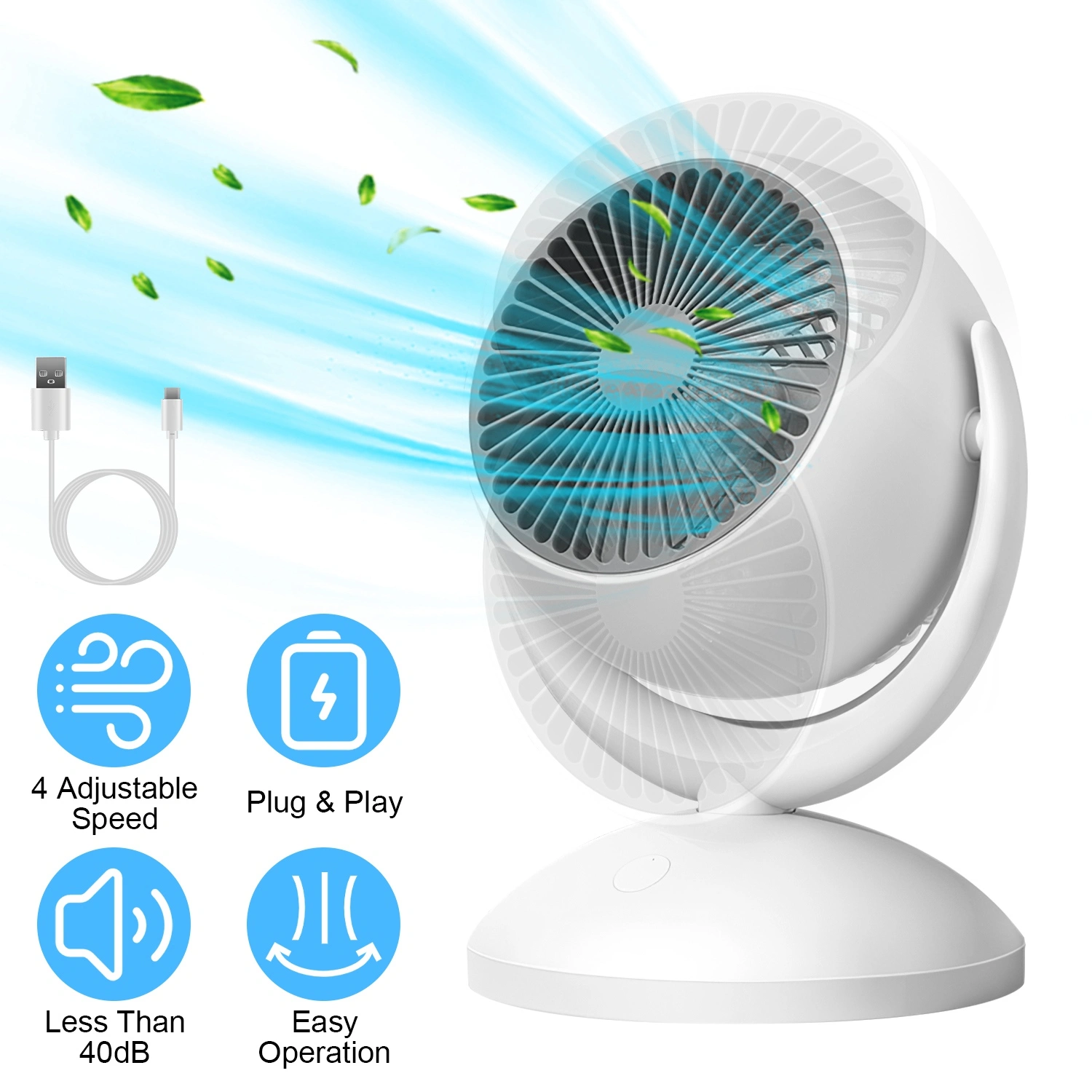 Air Circulator Desk Fan Portable Rechargeable Oscillating with 4 Speeds 360 Tilt Quiet 40dB for Home Office Bedroom