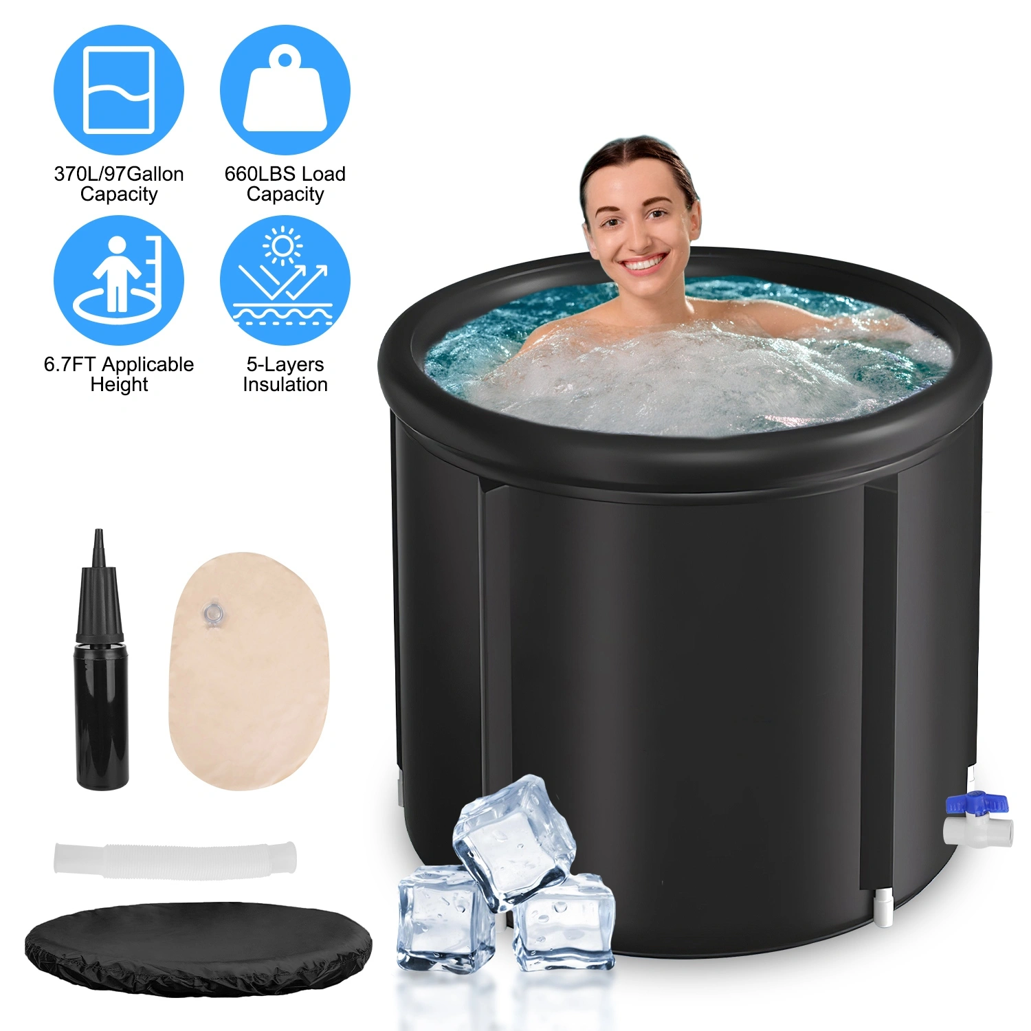 370L / 97 Gallon Cold Plunge Tub, 5-Layer Insulated Ice Bath for Muscle Recovery, Portable Ice Bathtub for Athletes, Indoor Outdoor Use