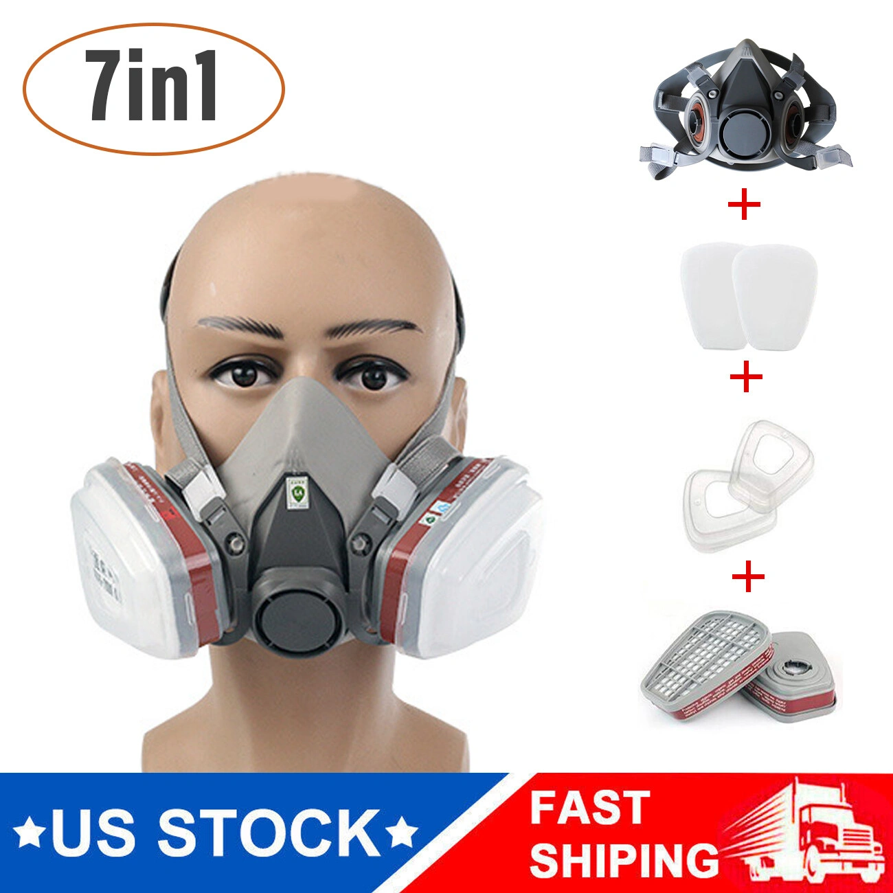 7 in 1 Half Face Mask Respirator, 1 Pack with 2 Replacement Filters Included view 2