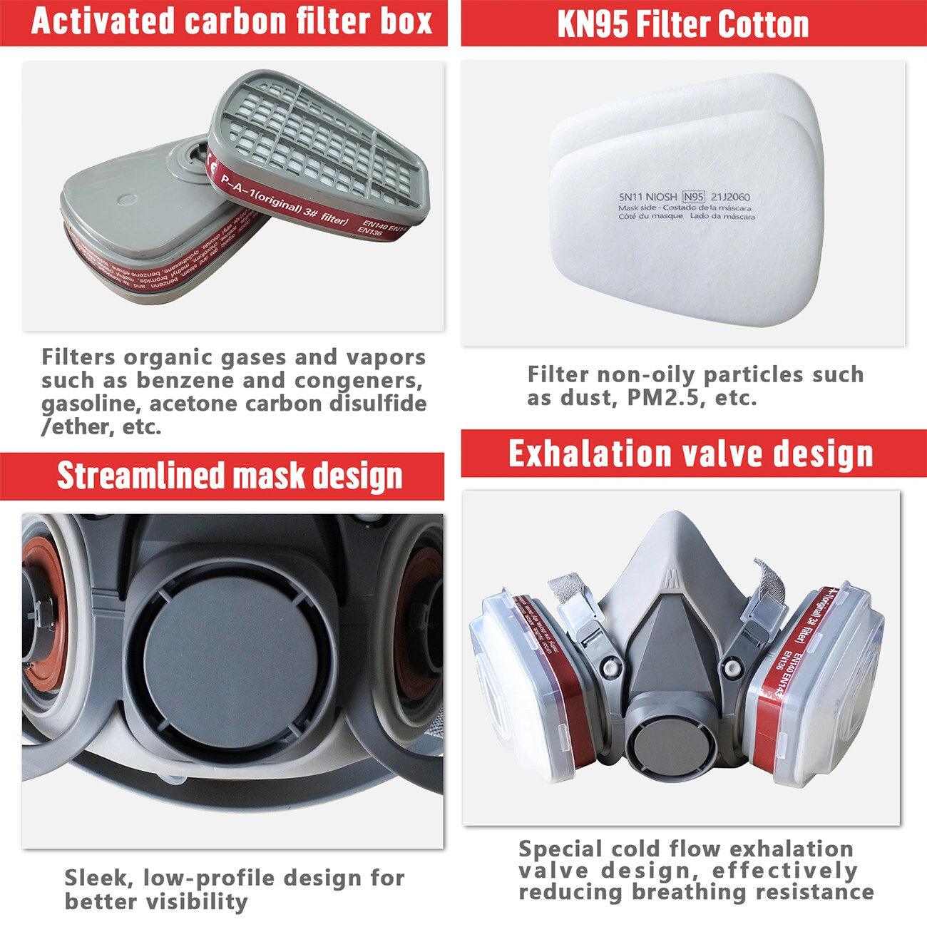 7 in 1 Half Face Mask Respirator, 1 Pack with 2 Replacement Filters Included view 3