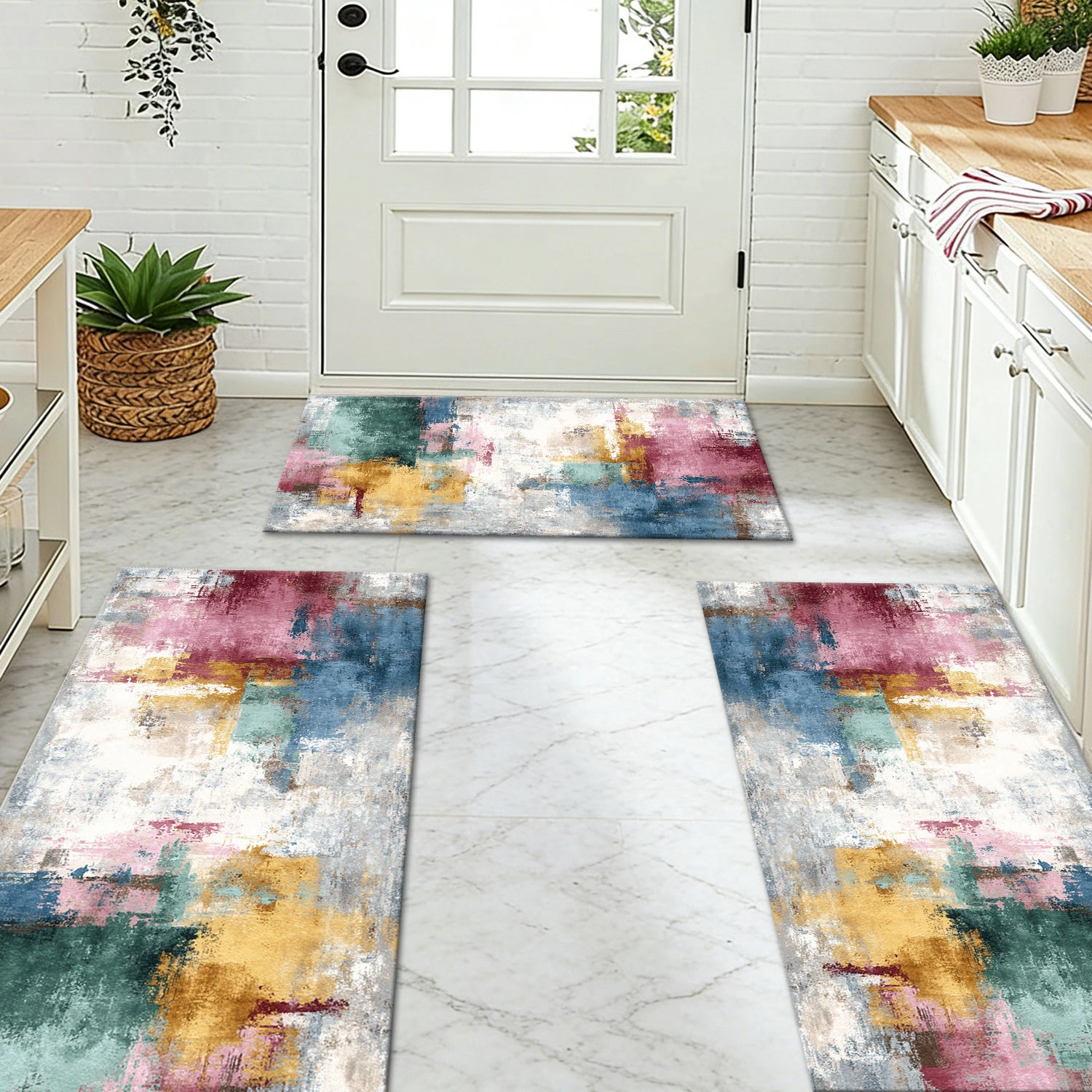 Three-piece kitchen rug set, non-slip and washable, abstract pattern kitchen hallway rug, soft and comfortable, suitable for sinks, floors, entrances, hallways and bathrooms. view 10