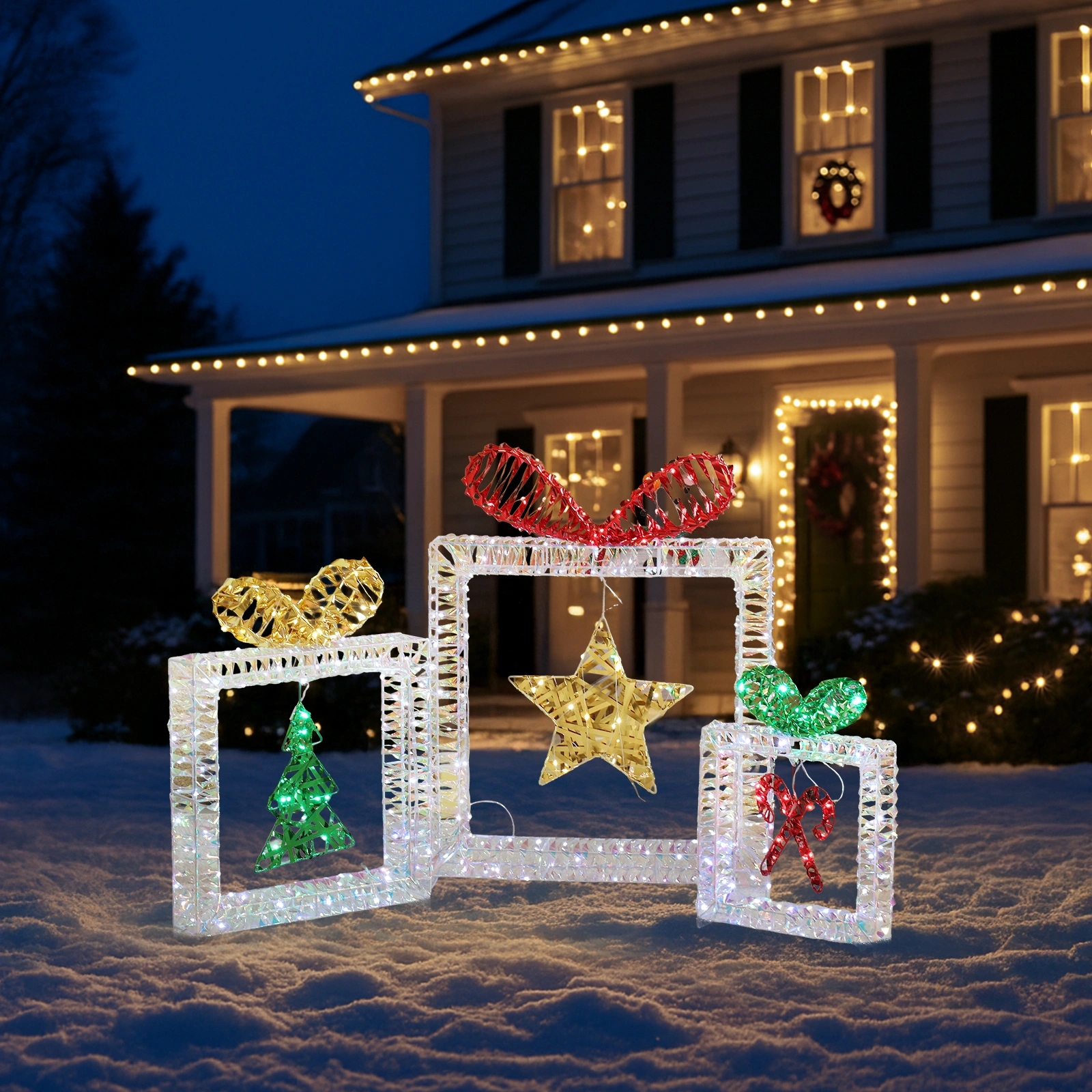 Set of 3 Lighted Iridescent Cut-out Gift Box Christmas Decorations, Pre-lit Holiday Decor with 357 White LED Lights for Xmas Outdoor Indoor Decor Lighted Holiday Displays view 12