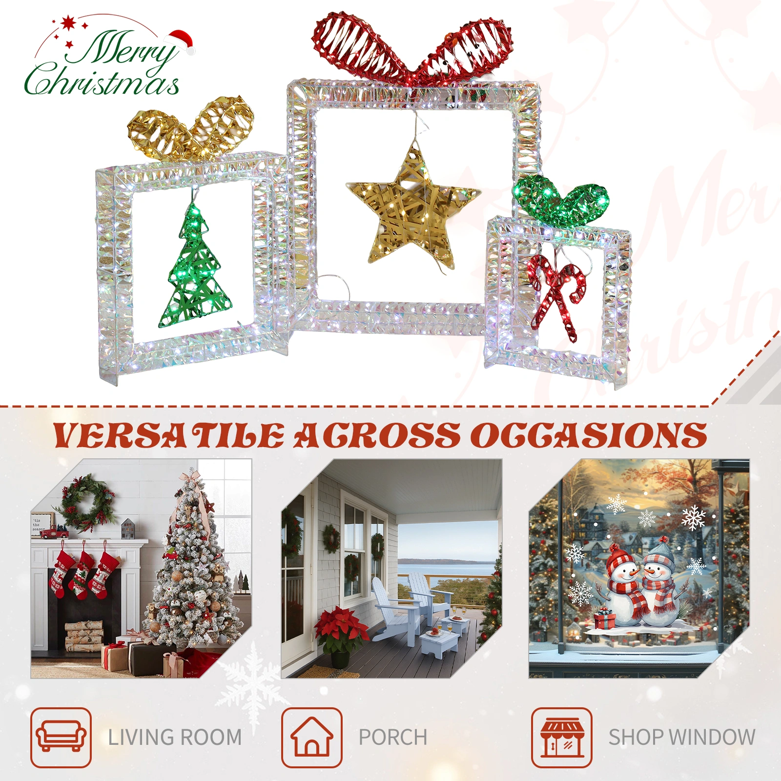 Set of 3 Lighted Iridescent Cut-out Gift Box Christmas Decorations, Pre-lit Holiday Decor with 357 White LED Lights for Xmas Outdoor Indoor Decor Lighted Holiday Displays view 2