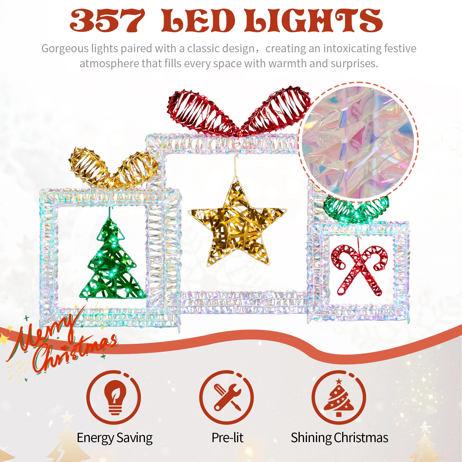 Set of 3 Lighted Iridescent Cut-out Gift Box Christmas Decorations, Pre-lit Holiday Decor with 357 White LED Lights for Xmas Outdoor Indoor Decor Lighted Holiday Displays view 4