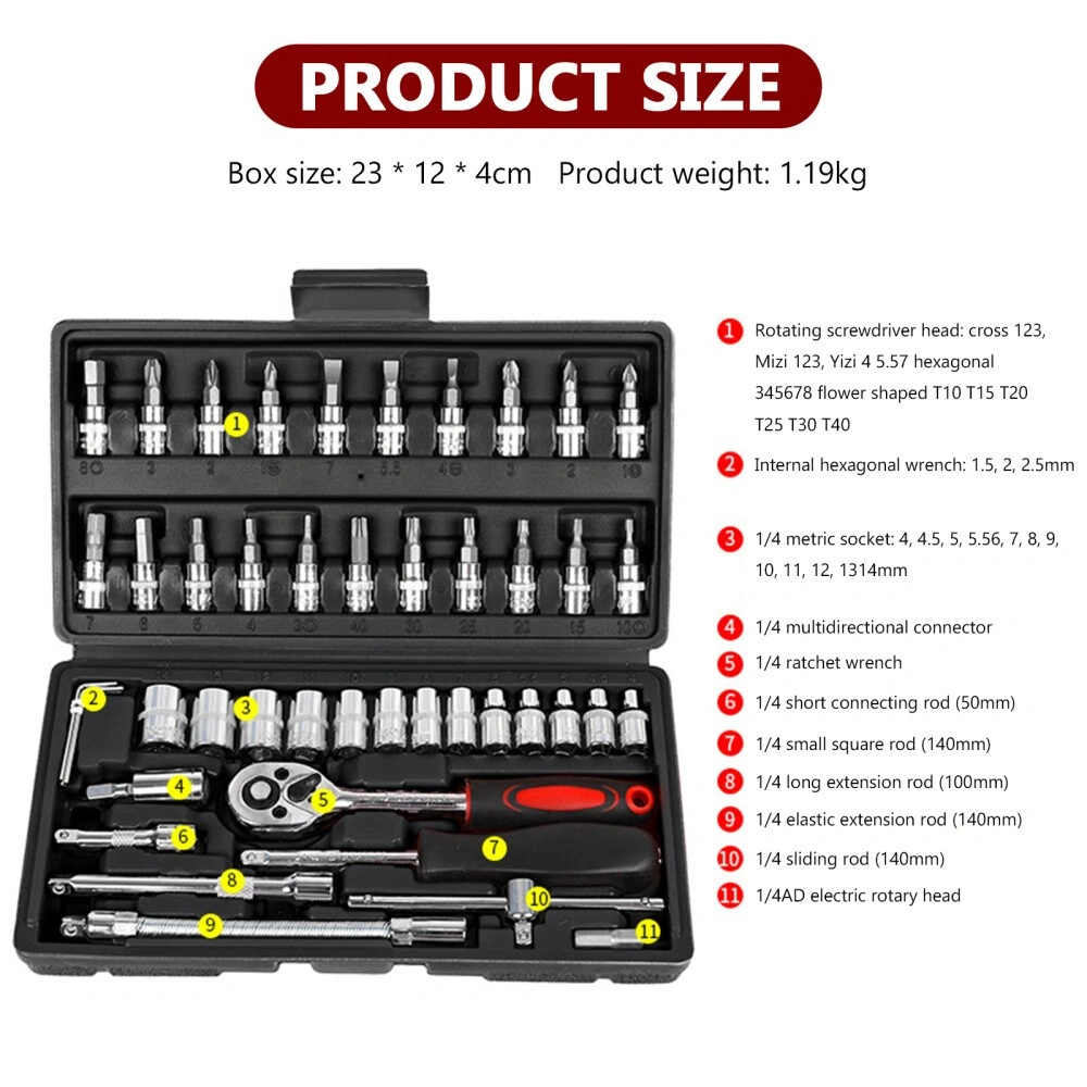 46Pcs Metric Socket Set 1/4" Drive HSS Ratchet Bit Wrench Kit Torx Hex Tools with Case view 9