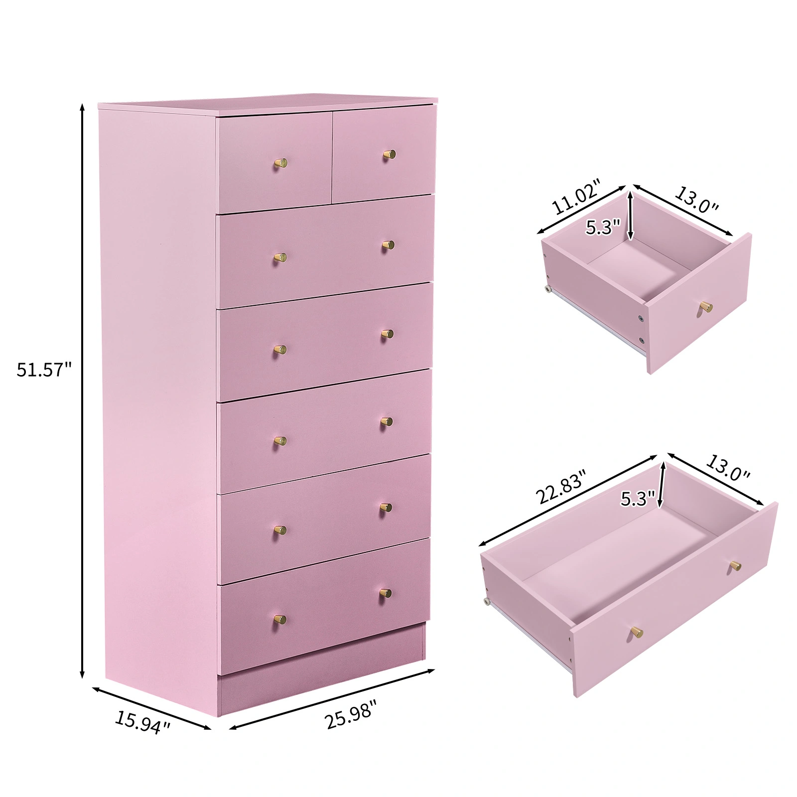 25.98"*15.75"*51.57" (L*W*D) 6-tier 7-Drawer Cabinet Drawer Dresser with Gold Handles Macaron Pink