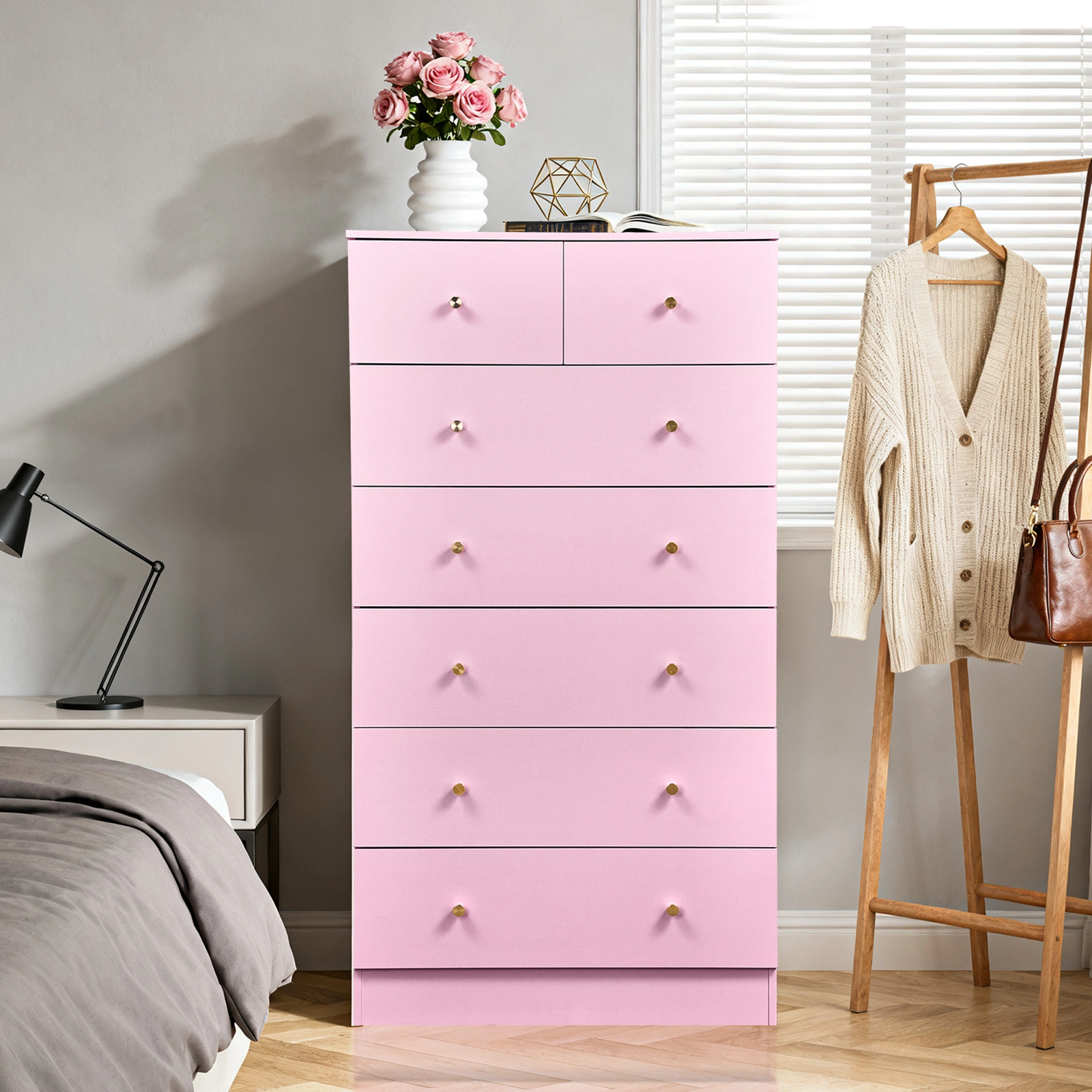 25.98"*15.75"*51.57" (L*W*D) 6-tier 7-Drawer Cabinet Drawer Dresser with Gold Handles Macaron Pink view 10
