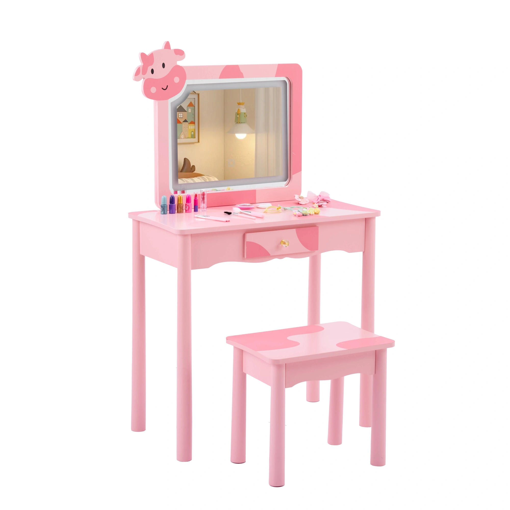 Pink MDF + solid wood legs, spray paint + silkscreen printing, cow pattern, 1-drawer children's dressing table set, LED three-color backlit touch switch view 10
