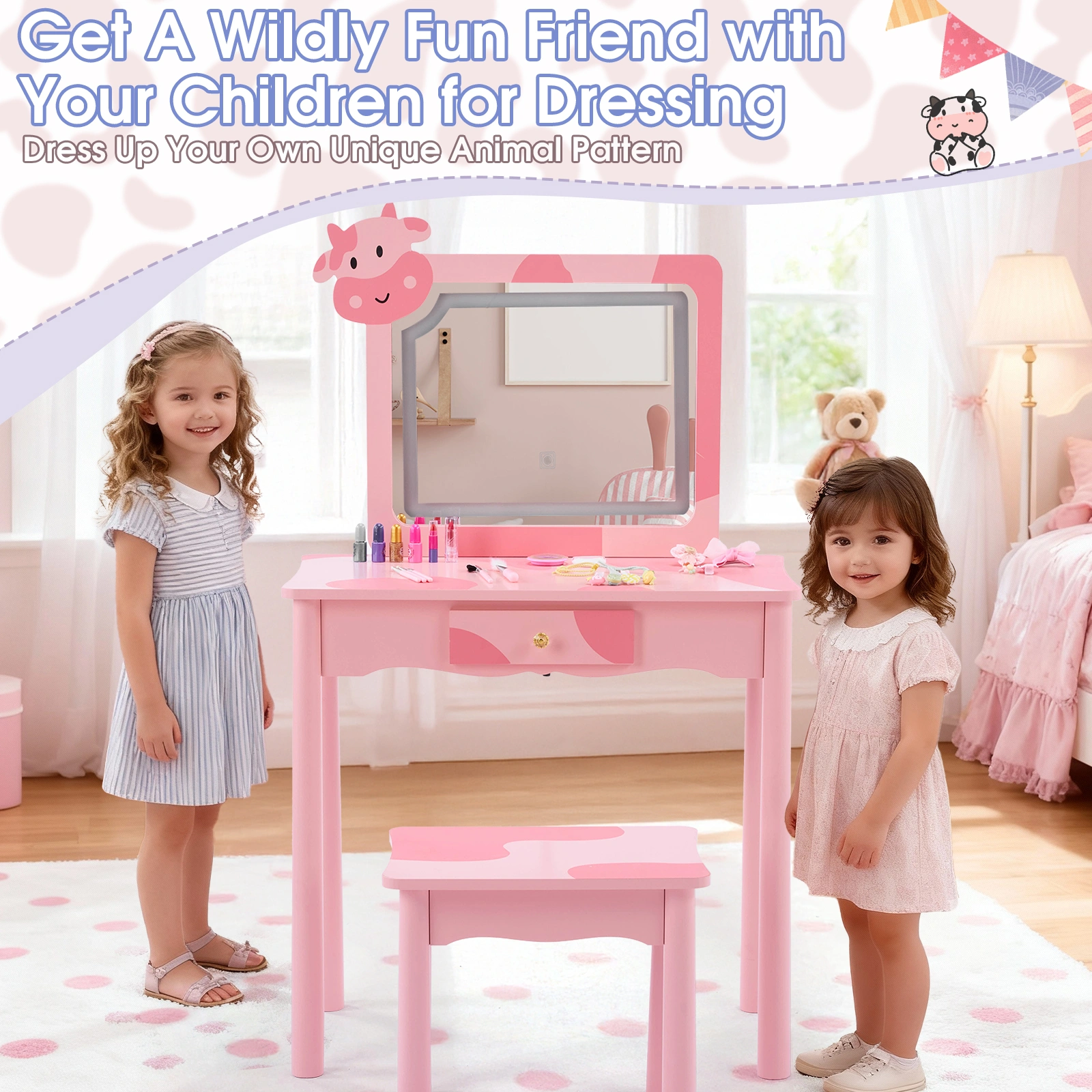 Pink MDF + solid wood legs, spray paint + silkscreen printing, cow pattern, 1-drawer children's dressing table set, LED three-color backlit touch switch view 11