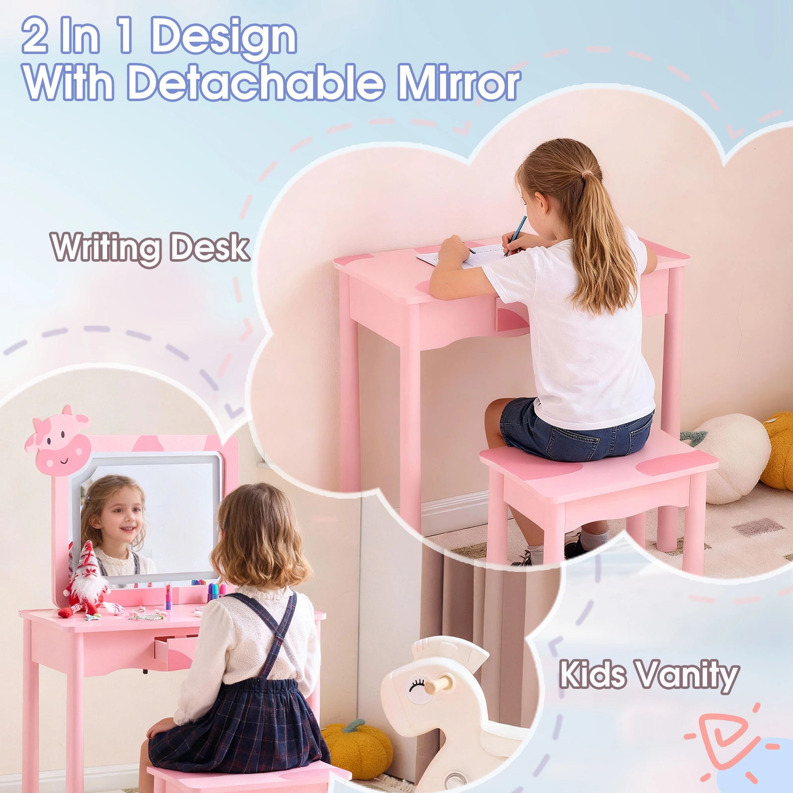 Pink MDF + solid wood legs, spray paint + silkscreen printing, cow pattern, 1-drawer children's dressing table set, LED three-color backlit touch switch view 5