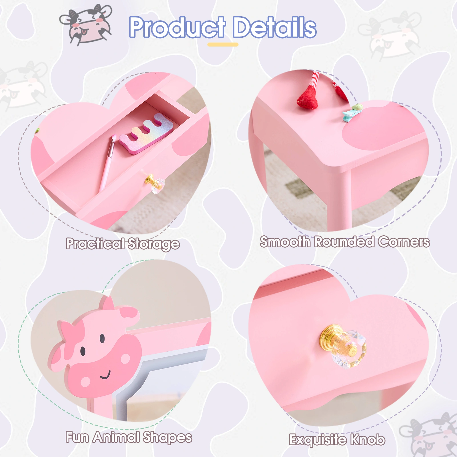 Pink MDF + solid wood legs, spray paint + silkscreen printing, cow pattern, 1-drawer children's dressing table set, LED three-color backlit touch switch view 7