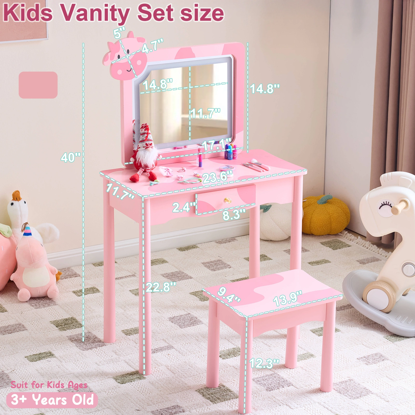 Pink MDF + solid wood legs, spray paint + silkscreen printing, cow pattern, 1-drawer children's dressing table set, LED three-color backlit touch switch view 8