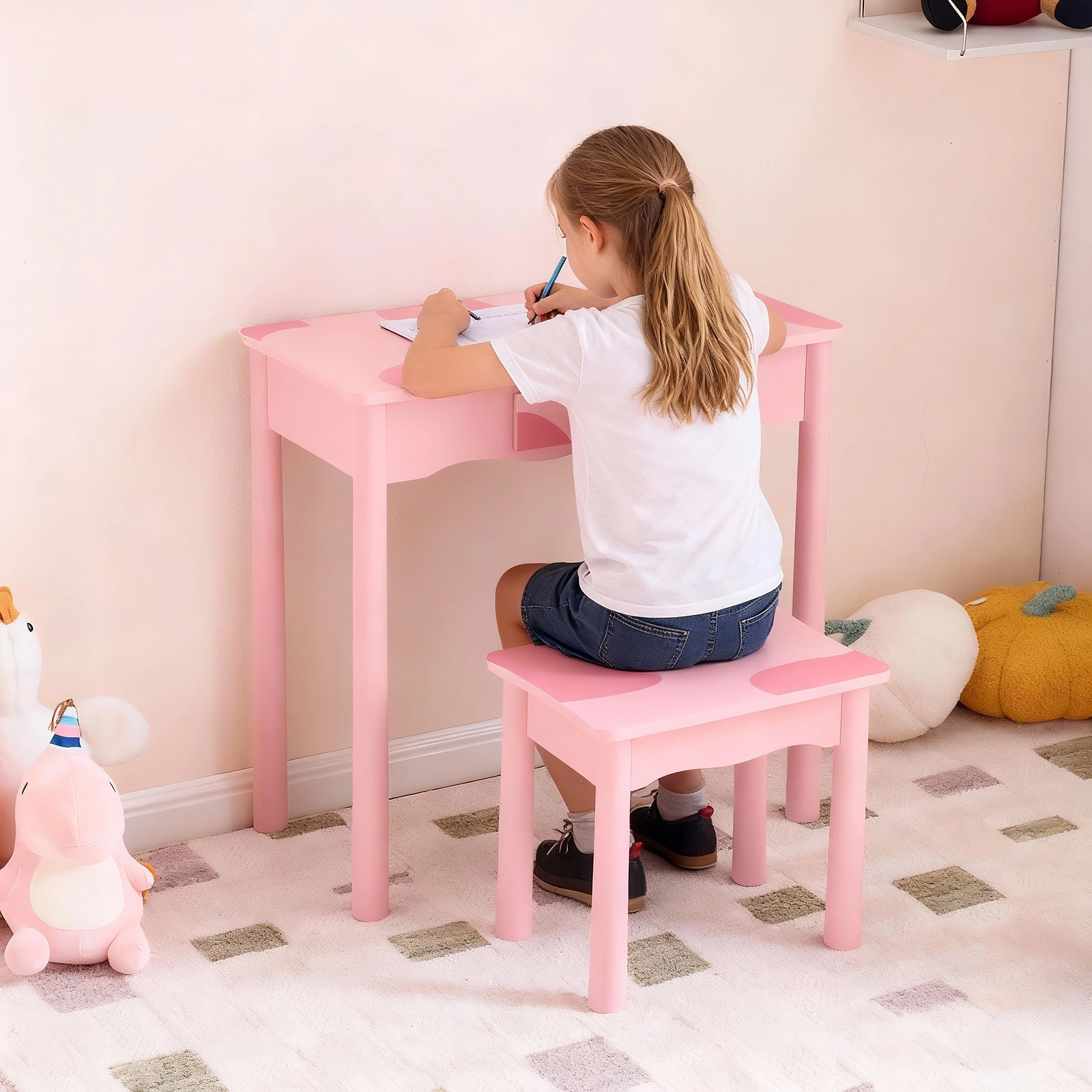 Pink MDF + solid wood legs, spray paint + silkscreen printing, cow pattern, 1-drawer children's dressing table set, LED three-color backlit touch switch view 9
