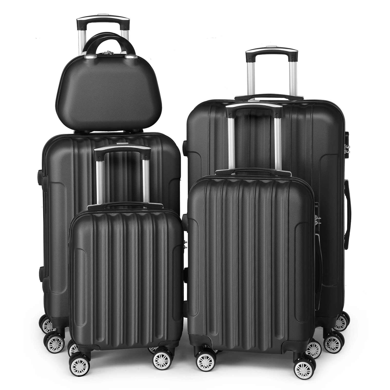 5 Piece ABS Hard Shell Suitcase Set with Vanity Case, Travel Luggage Set with Cosmetic Bag - Black