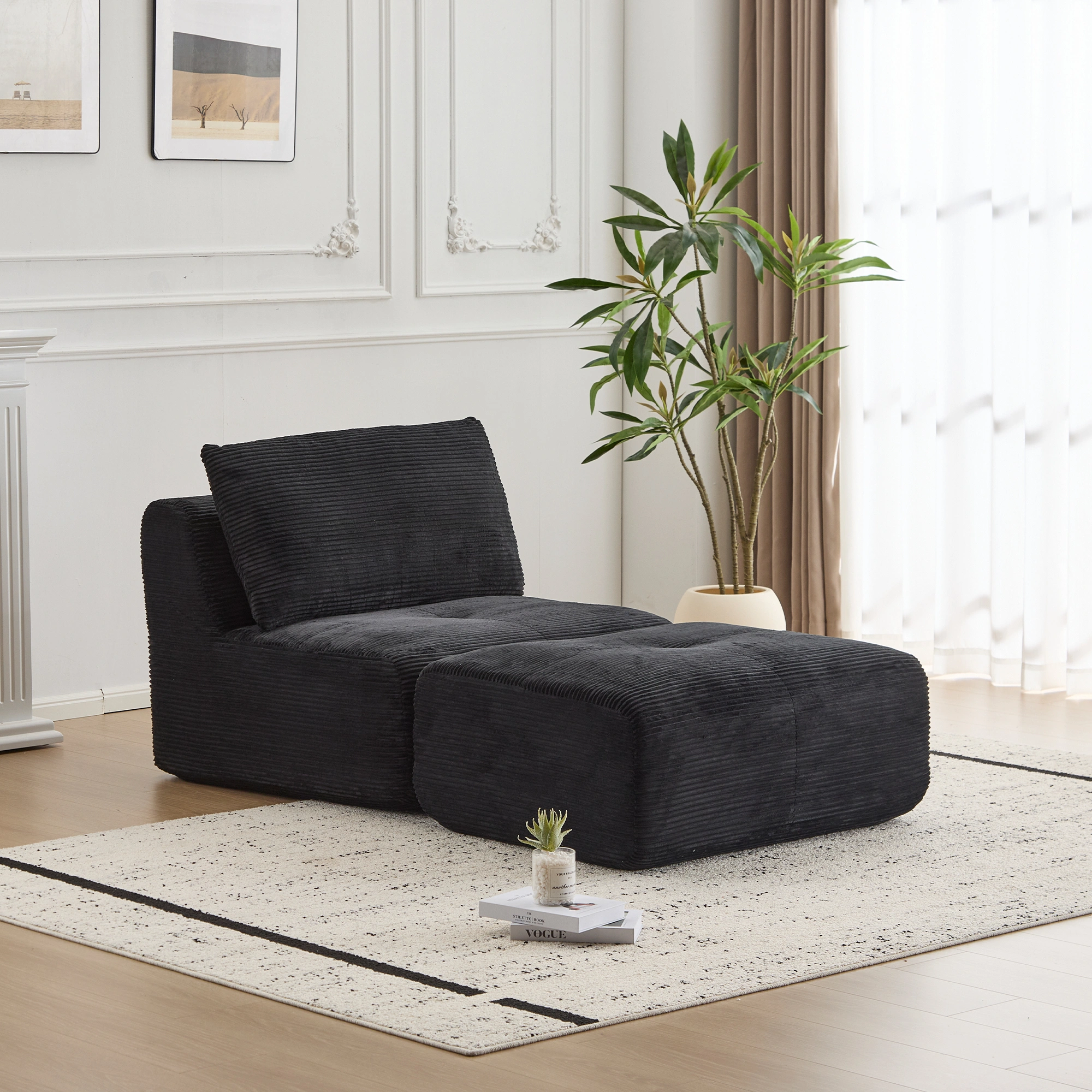 Modern Memory Foam Sectional Sofa with Chaise Lounge, Black Corduroy Modular Couch, Pet-Friendly Compressed Cloud Sofa, No Assembly, Includes Ottoman